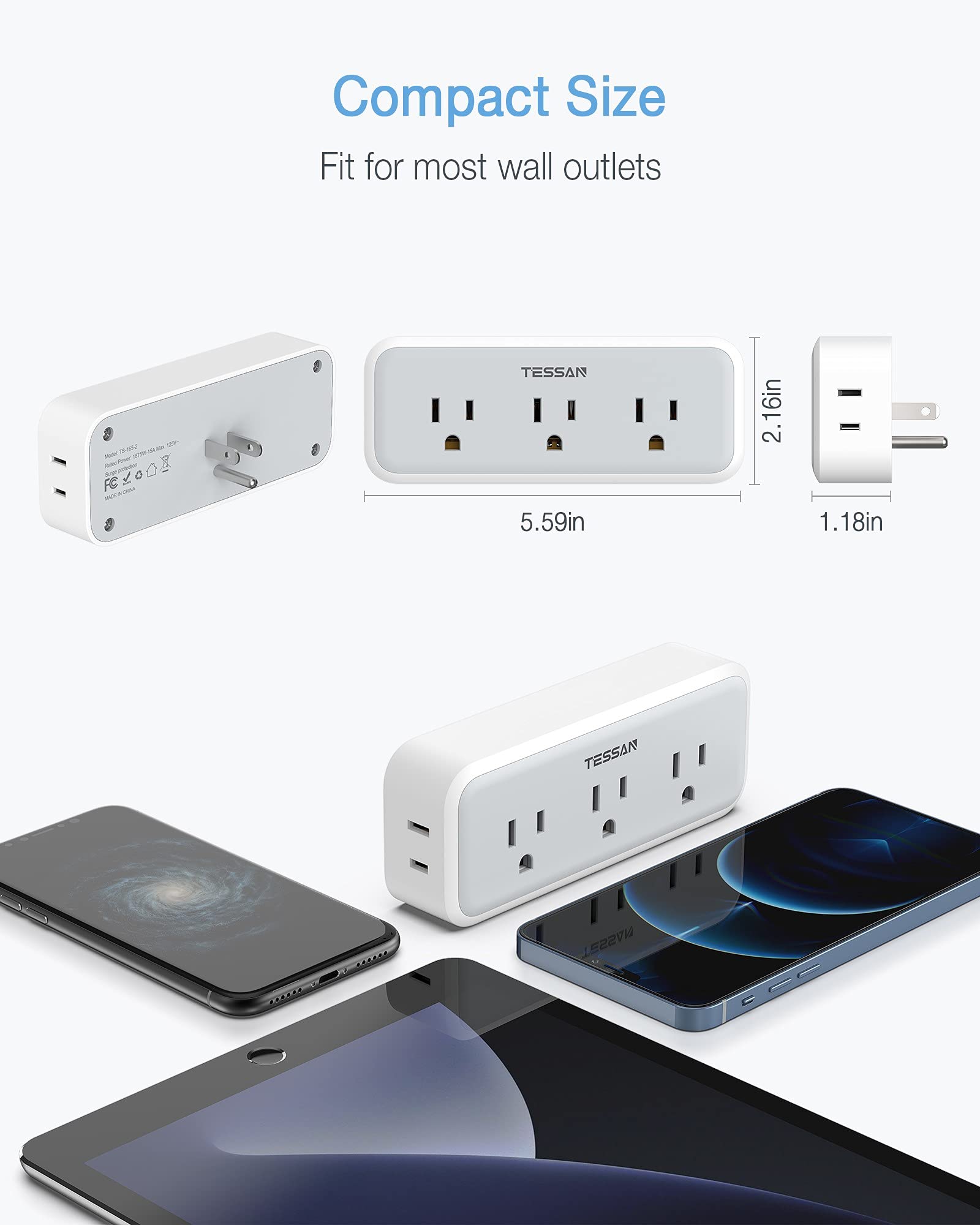 Multi Plug Outlet Extender, Tessan Surge Protector Wall Plug Splitter With 5 Electrical Outlet Expander, Multiple Plug Adapter F