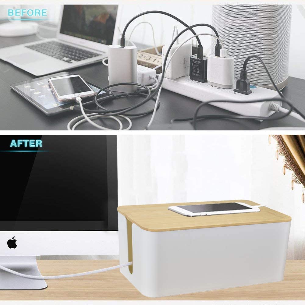 [Set Of Three] Cable Management Box Organizer, Bamboo Lid Large Storage Wires Holder For Home, Office, Desk, Tv, Computer   Grea