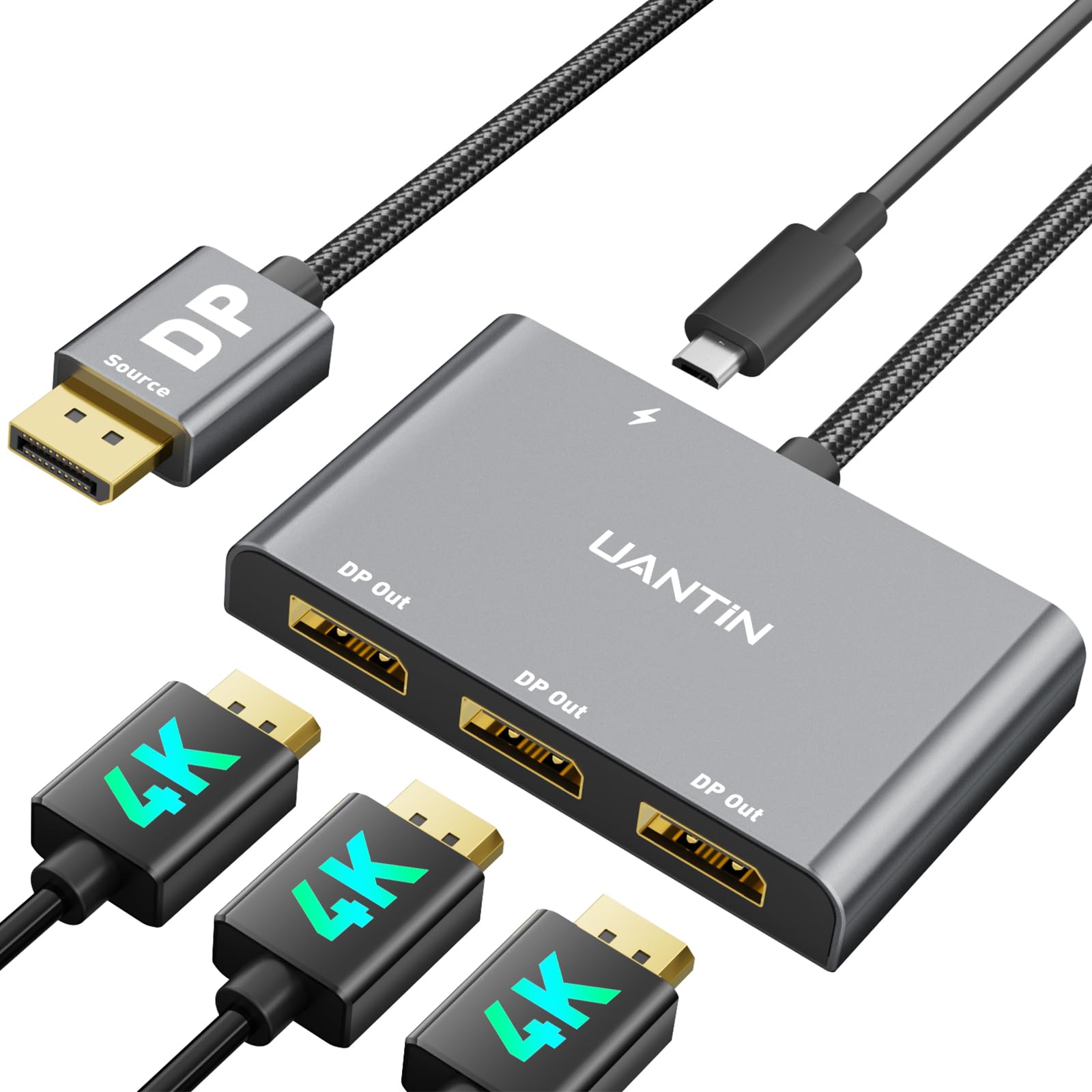Uantin Displayport Splitter For 3 Monitors Extended Display | 4K 60Hz Display Port To Docking Station 1 In 3 Out Adapter 3Xdp Ms