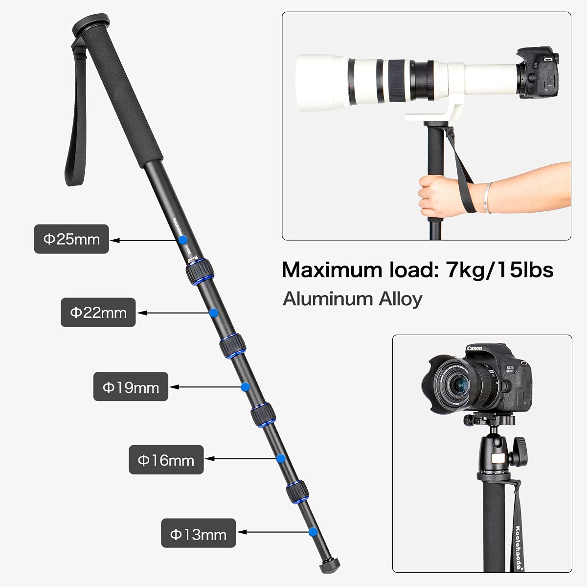 Koolehaoda Camera Aluminum Monopod With Three Feet Stand Support Base & K 09 Ballhead For Dslr Camera Canon Nikon. Extended Max