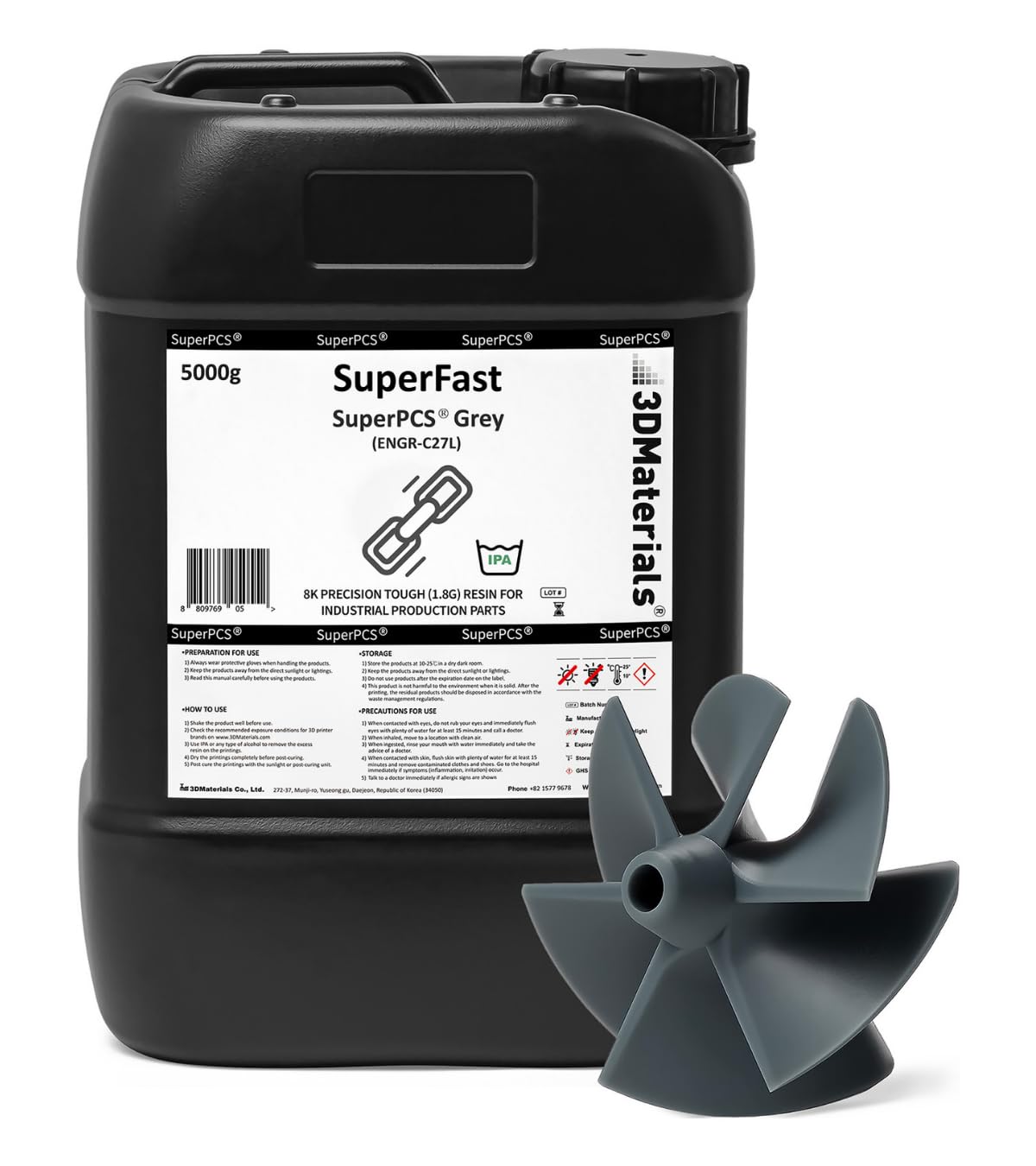 Superpcs 3D Printer Resin, Toughest And Fastest, 50Um 18Gpa Print In 15 Sec, Made In Korea By 3Dmaterials (5000G, Grey)