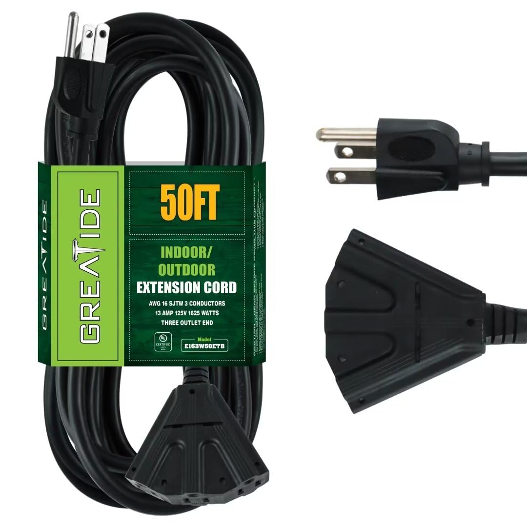 Greatide 50 Ft Outdoor Extension Cord With 3 Electrical Power Outlets   16/3 Sjtw Black Cable With 3 Prong Grounded Plug