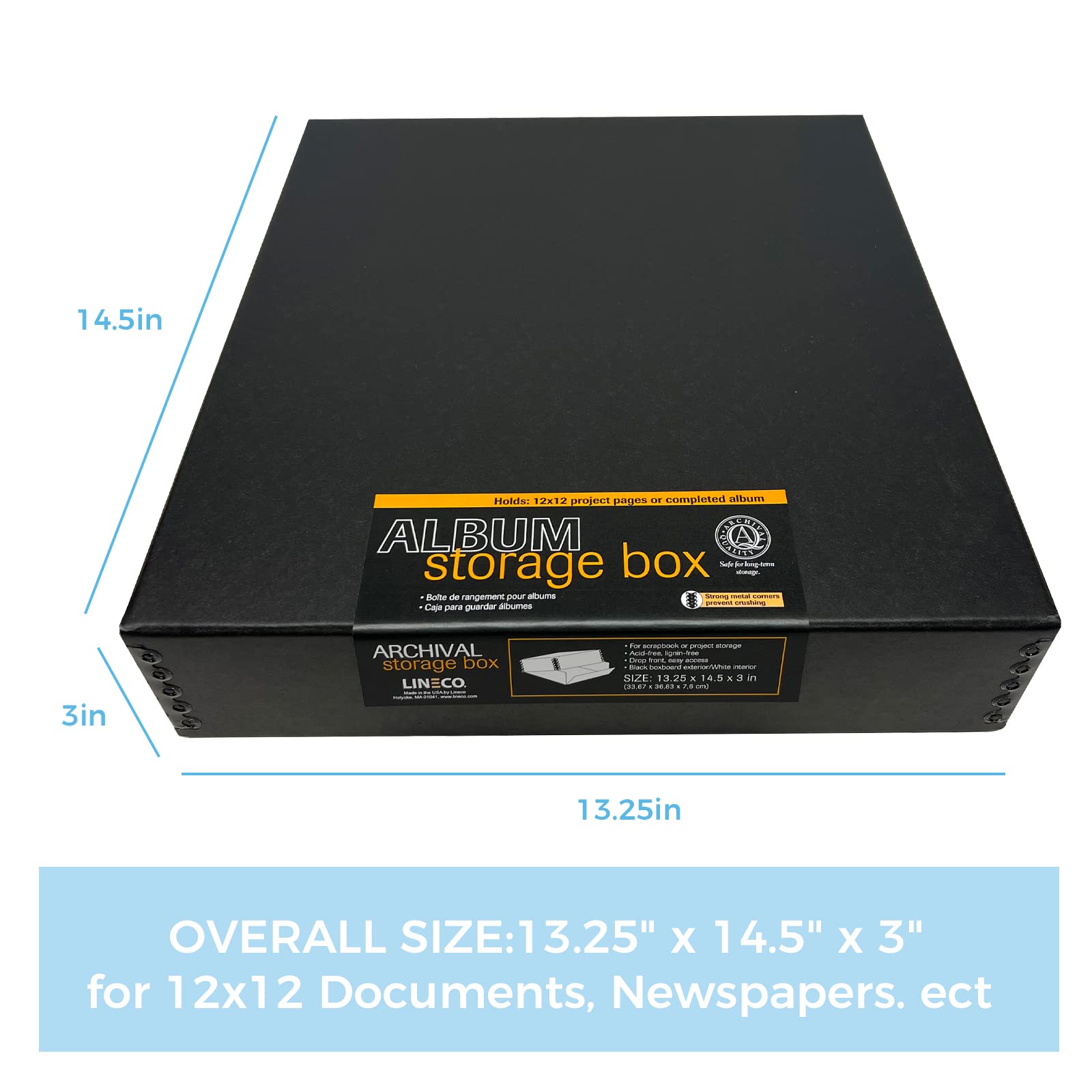 Lineco 12X12 Archival Scrapbook Storage Box, Acid Free Drop Front Box With Removable Lid. Preserves Photos, Documents, Crafts, Cards, Magazines, Prints, Albums And Paper Projects, Black