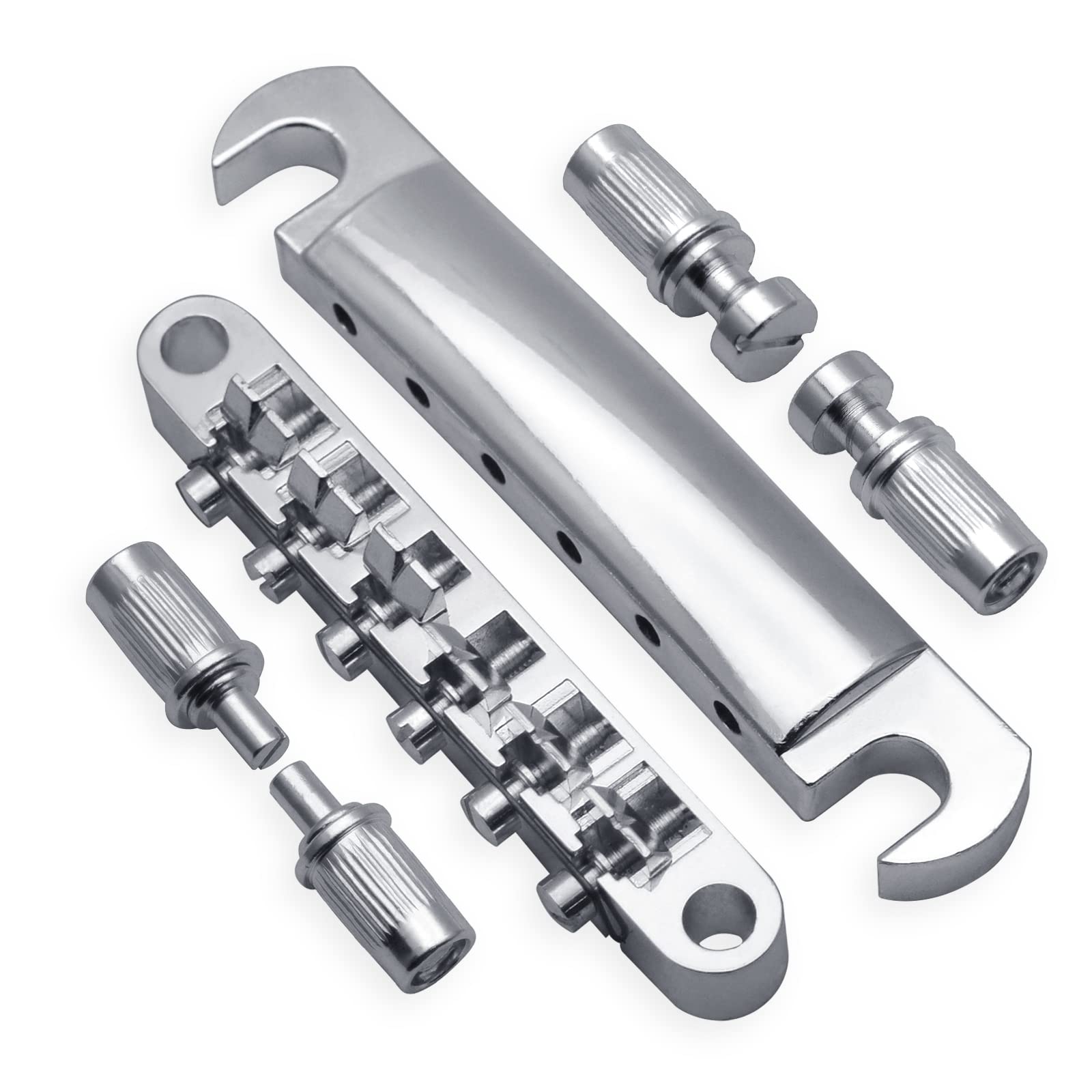 Maxcheer A Set Of String Saddle Tune O Matic Bridge & Tailpiece For Gb Lp Style Electric Guitar (Chrome)