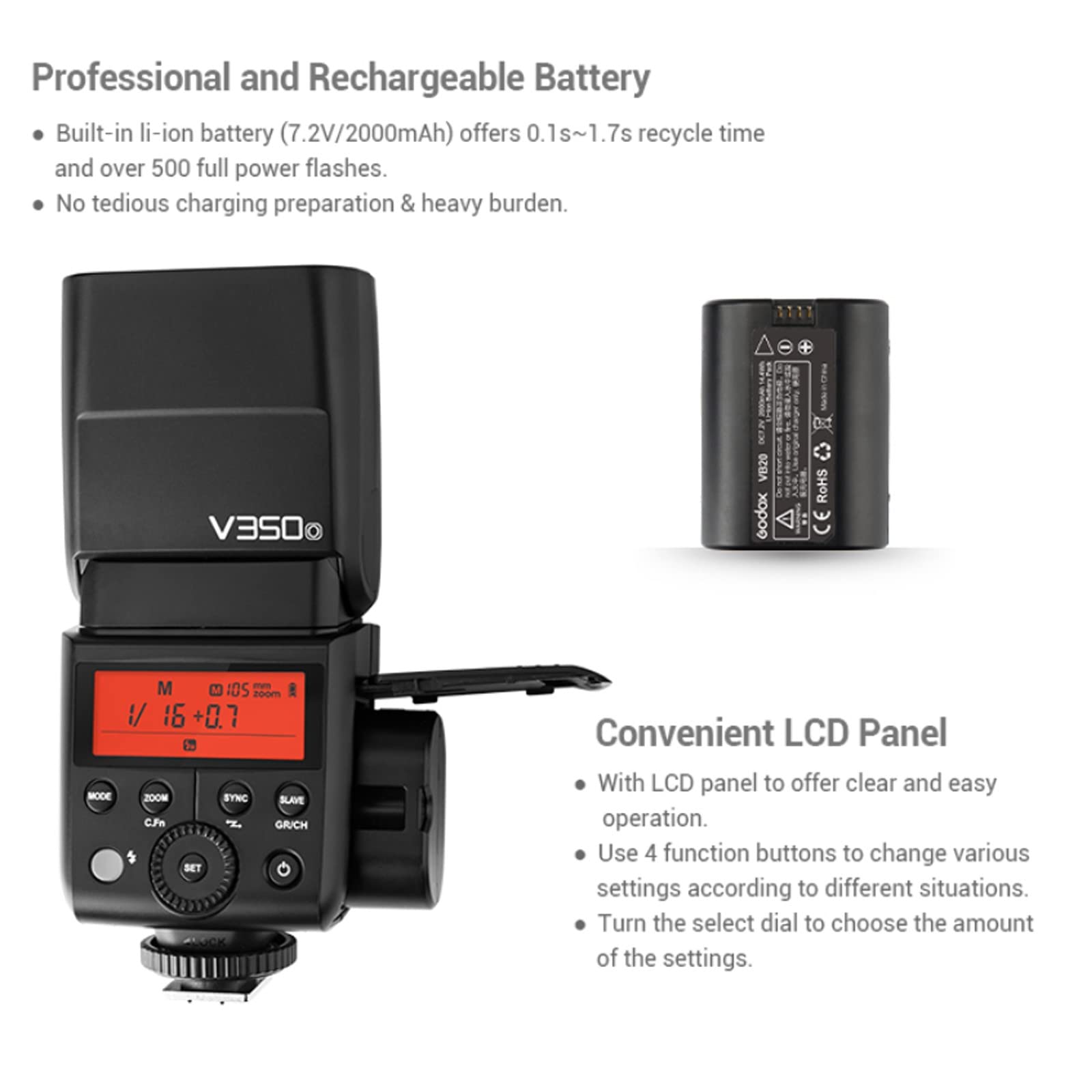 Godox V350O Ttl Flash For Olympus Panasonic Gn36 1/8000S Hss Camera Flash W/ 2000Mah Battery 500 Times Full Power Flash 0.1S-1.7