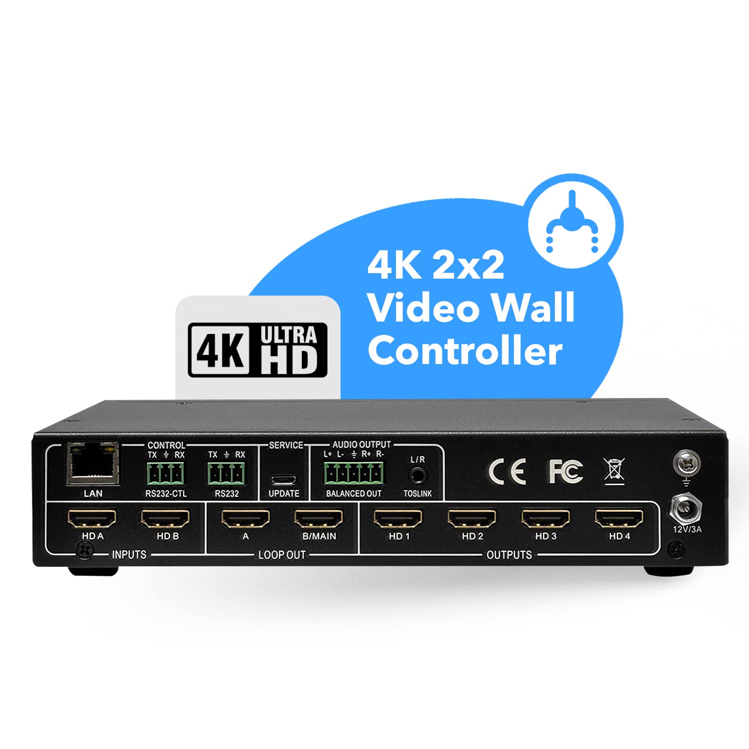 Orei 4K 2X2 Video Wall Controller Seamless Hdmi Processor Upto Ultrahd Professional 60Hz 4:4:4 8 Bit   Hdmi 2.0, Hdcp 2.2, 18 Gb