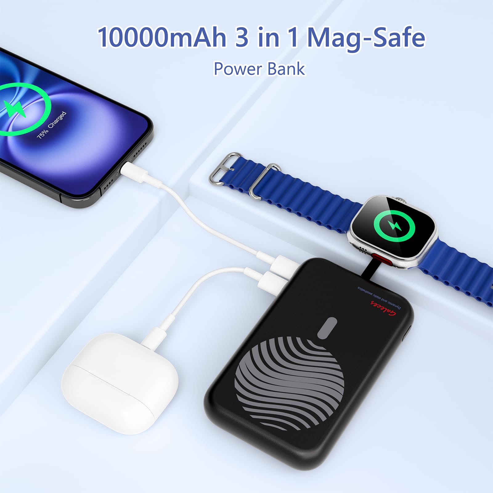 Galeces Magnetic Portable Charger,10000Mah Foldable Wireless Power Bank For Iphone And Apple Watch,Pd 20W Fast Charging Battery