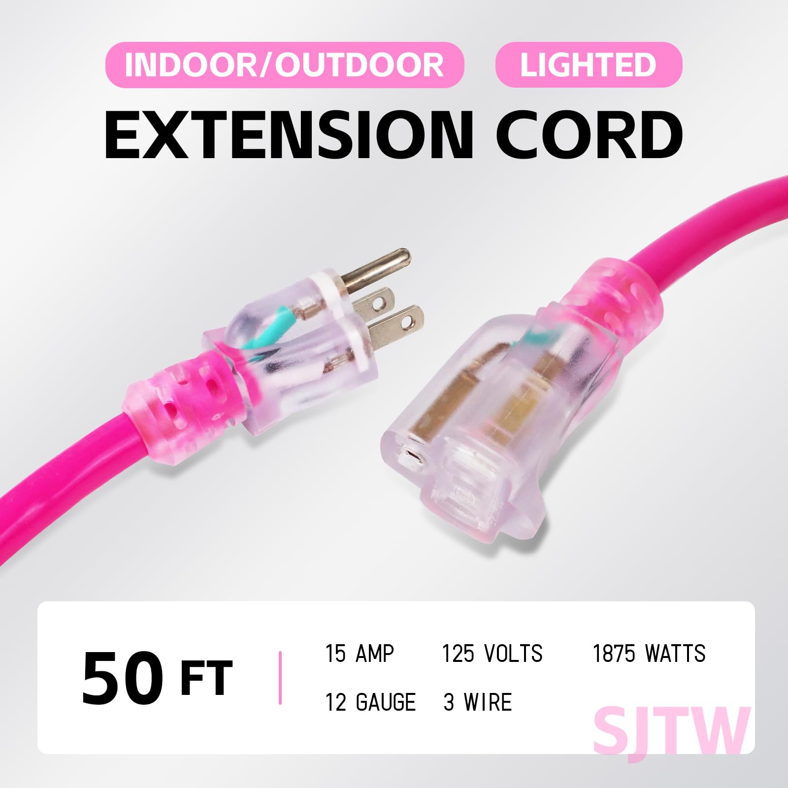 Ep 50Ft Outdoor Extension Cord, 12/3 Sjtw Heavy Duty Waterproof Power Cable, 3 Prong Grounded Plug, Lighted End, For Lawn, Garde