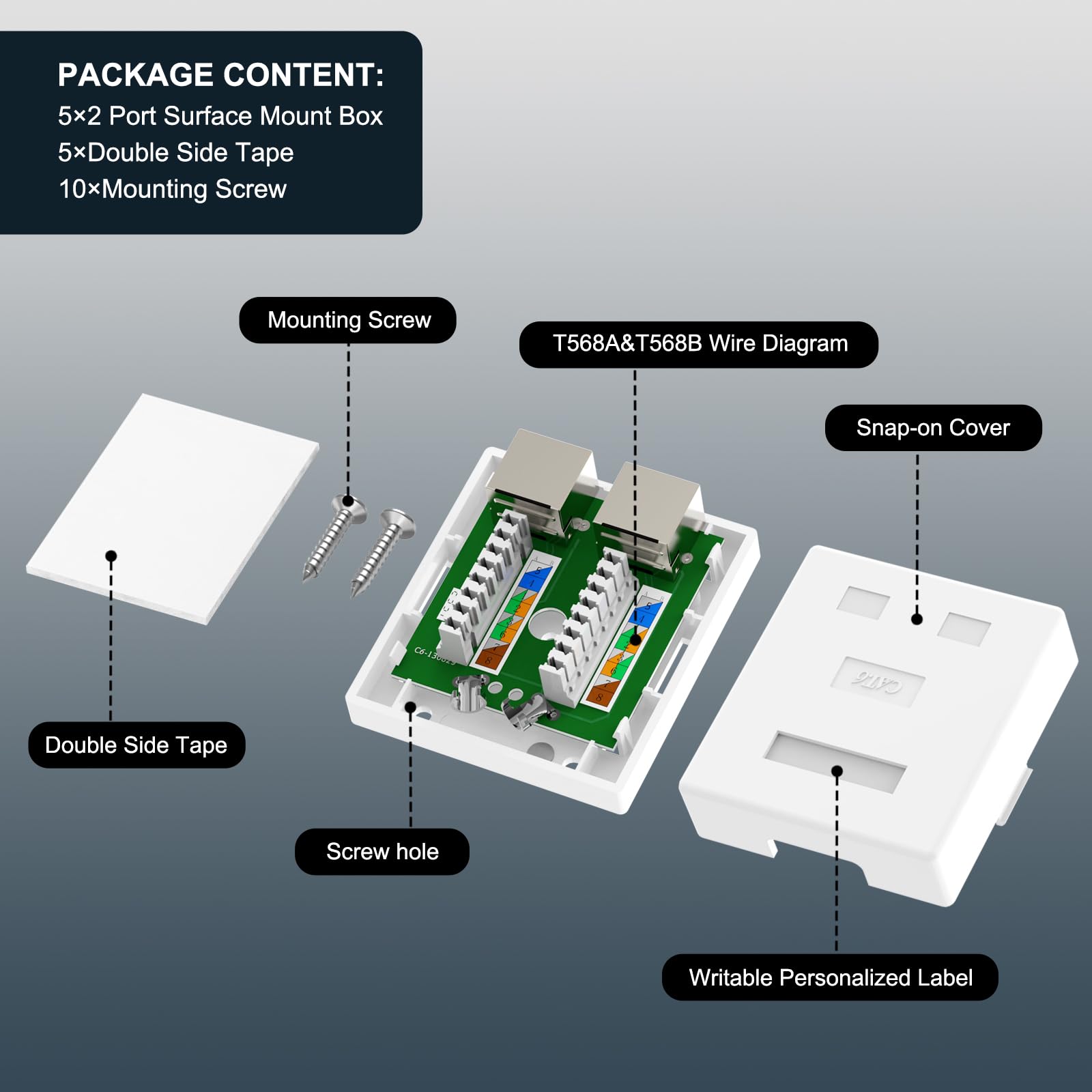 Vcelink Rj45 Surface Mount Box Shielded 2 Port, Compatible With Utp Cat6/Cat5E/Cat5 Stranded Or Solid Network Cables, 5 Pack, Wh