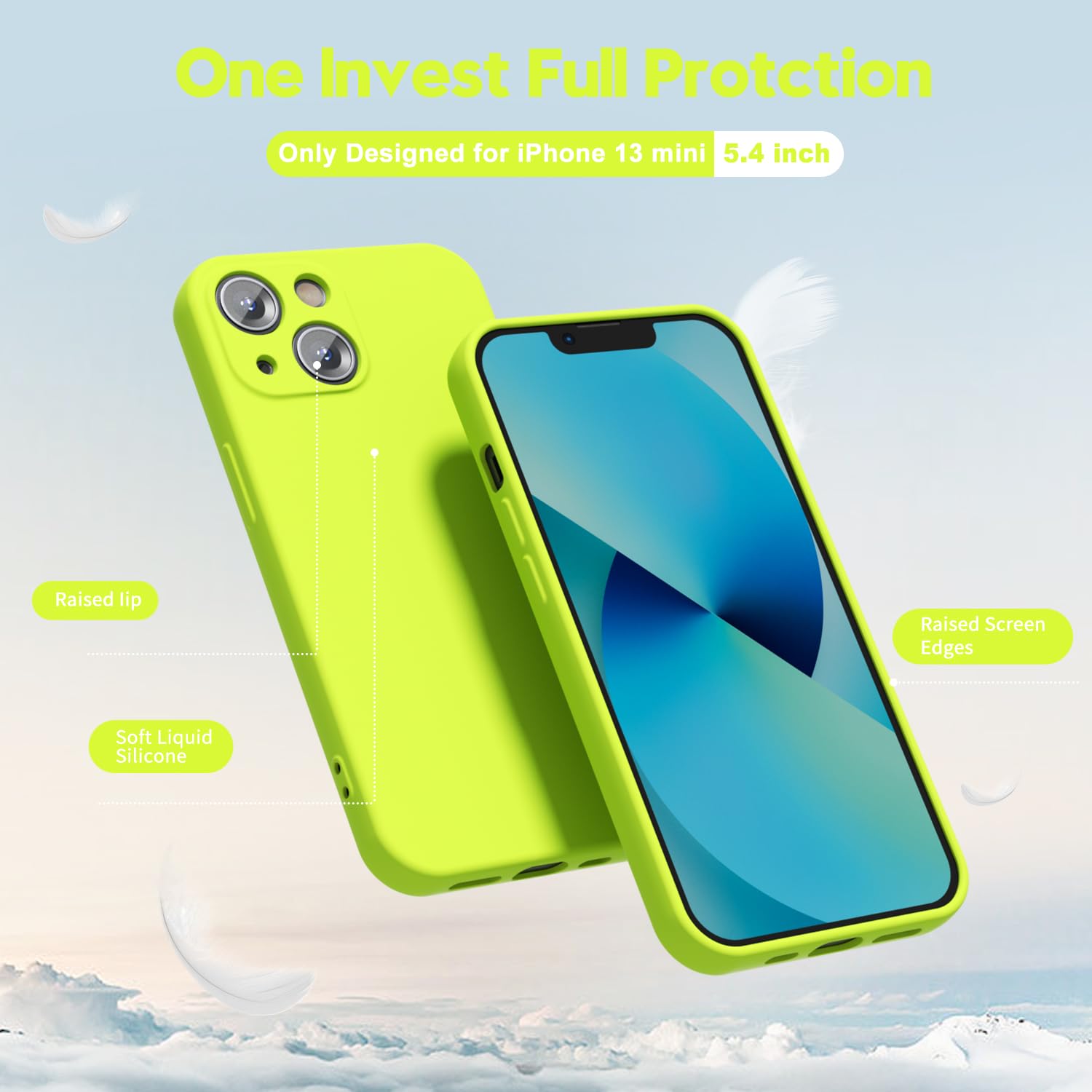 Oakxco For Iphone 13 Mini Phone Case Liquid Silicone, Fluorescent Bright Solid Color, Cute Thin Slim Soft Rubber Tpu Plain Smoot