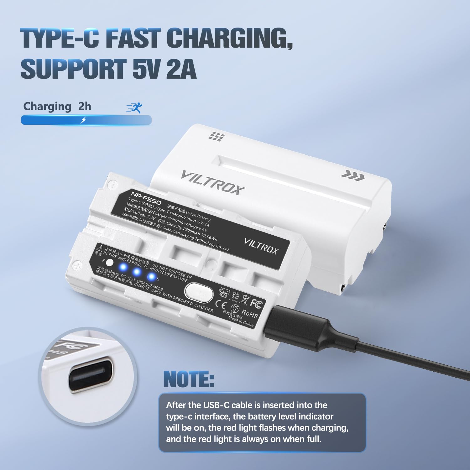 Viltrox Np F550 Li Ion Battery 1 Pack (2200Mah), Replacement For Sony Np F550 F570 F750 F770 F950 F960 F970, Compatible With Led