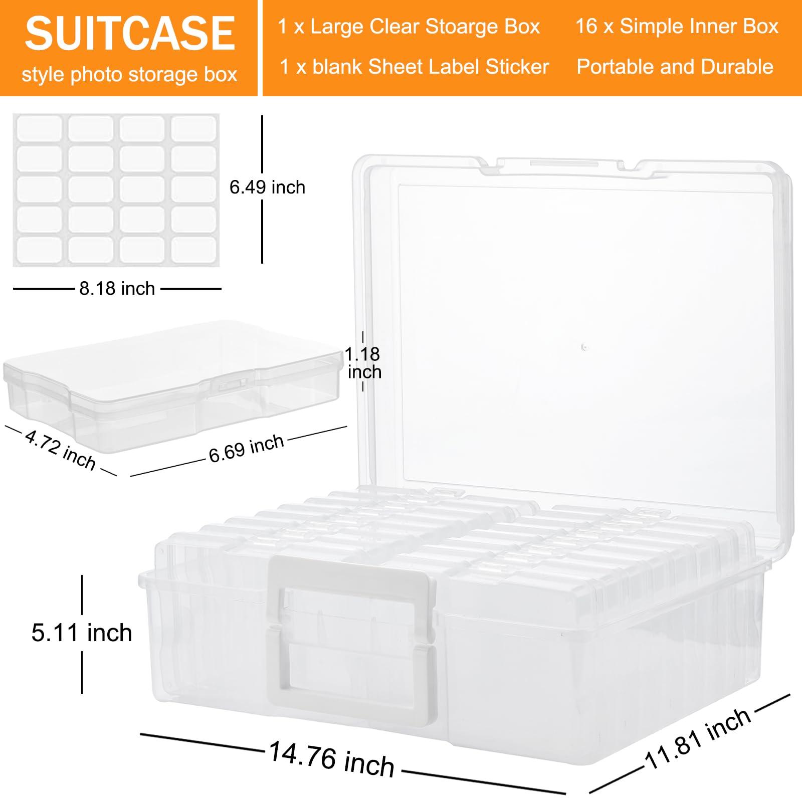 Alink Photo Storage Box With Handle, 4 X 6 Photo Organizer Storage Container With 16 Inner Case And 1 Sheet Label For Pictures,