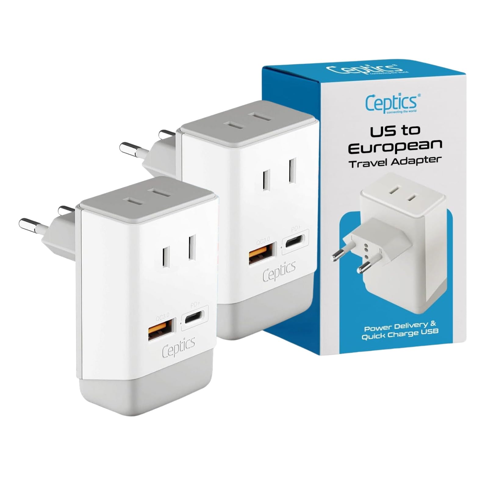 Ceptics 2 Pack European Travel Plug Adapter, US to Europe Plug Adapter, 18W PD-QC 3.0, Dual USB & USB-C - 2 USA Socket - Compact