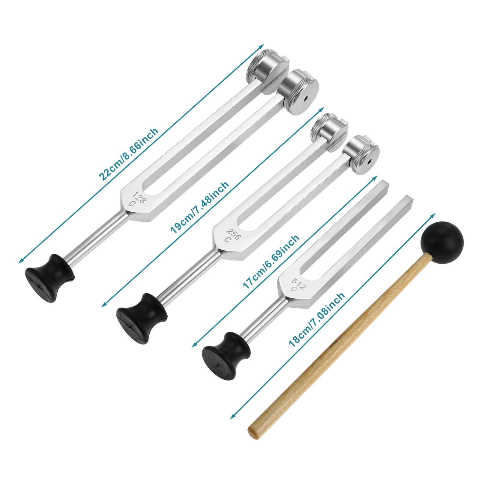 Tuning Fork Set(128Hz, 256Hz, 512Hz), Tuning Fork Kit For Chakra With Hammer, Storage Bag And Cleaning Cloth, Silver