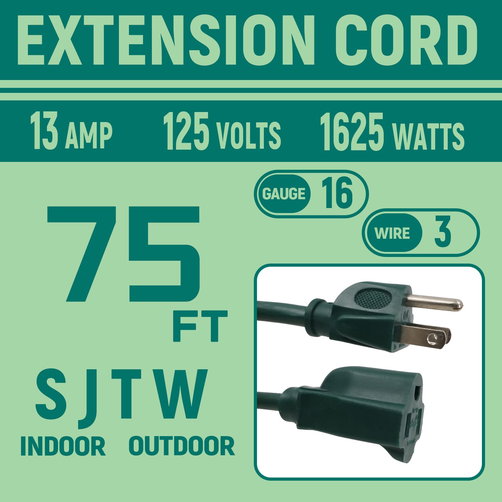 Greenprosper 75 Ft Indoor Outdoor Green Extension Cord, 16 Gauge Waterproof Electrical Power Cable, 16/3 Sjtw 3 Prong Grounded P