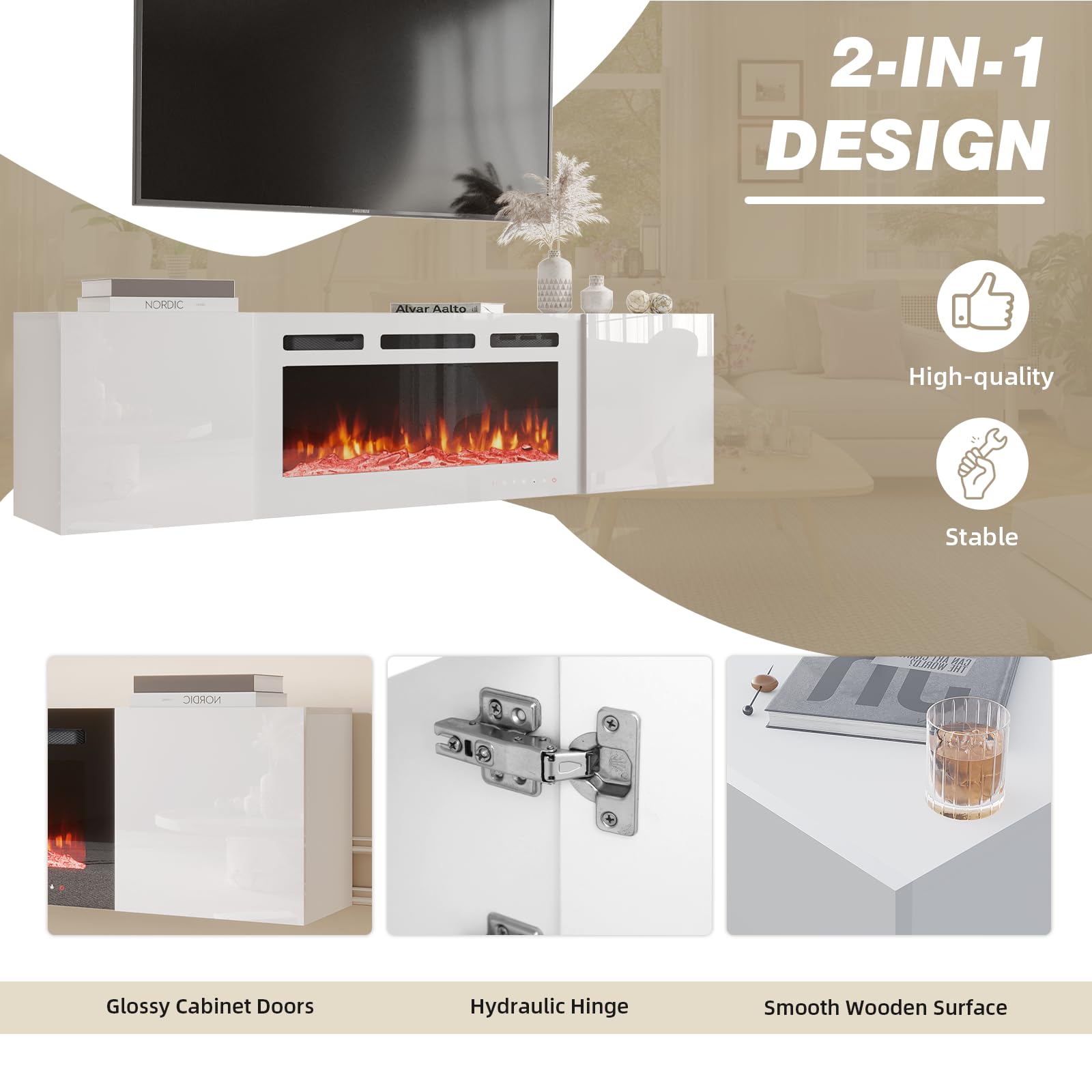 Erommy 70'' Floating Tv Stand With 36'' Electric Fireplace, High Gloss Finish Entertainment Center With 12 Flame Fireplace Inser