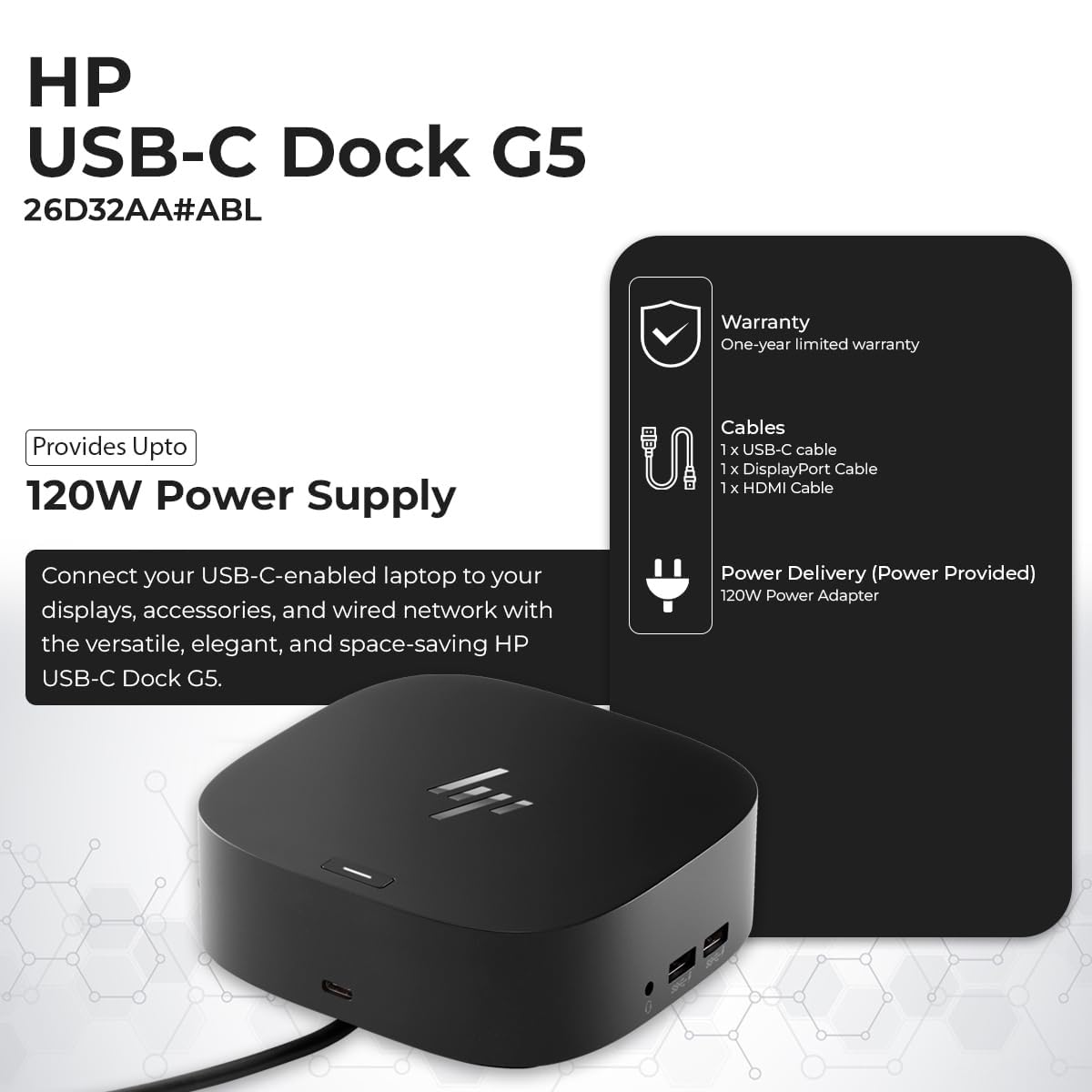 26D32Aa#Abl Hp Docking Station For Laptop Dual Monitor And Charging Bundle   Hp Usb C Dock G5 With 120W Adapter + Hdmi Cable + D
