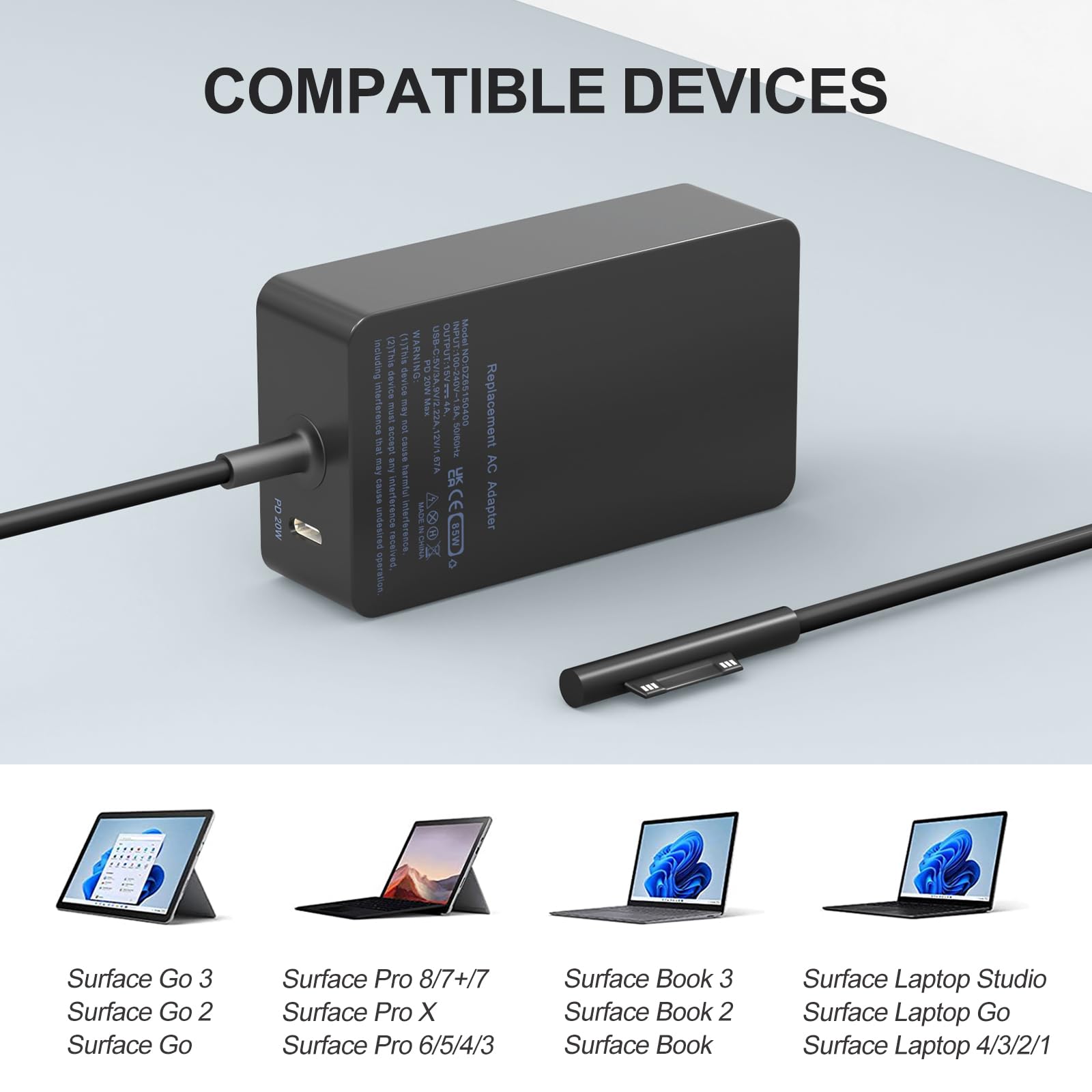 65W 15V 4A Surface Pro Charger Relacement For Microsoft Surface Pro 10, 9, 8, 7+, 7, 6, 5, 4, 3, X, Surface Laptop 6, 5, 4, 3, 2