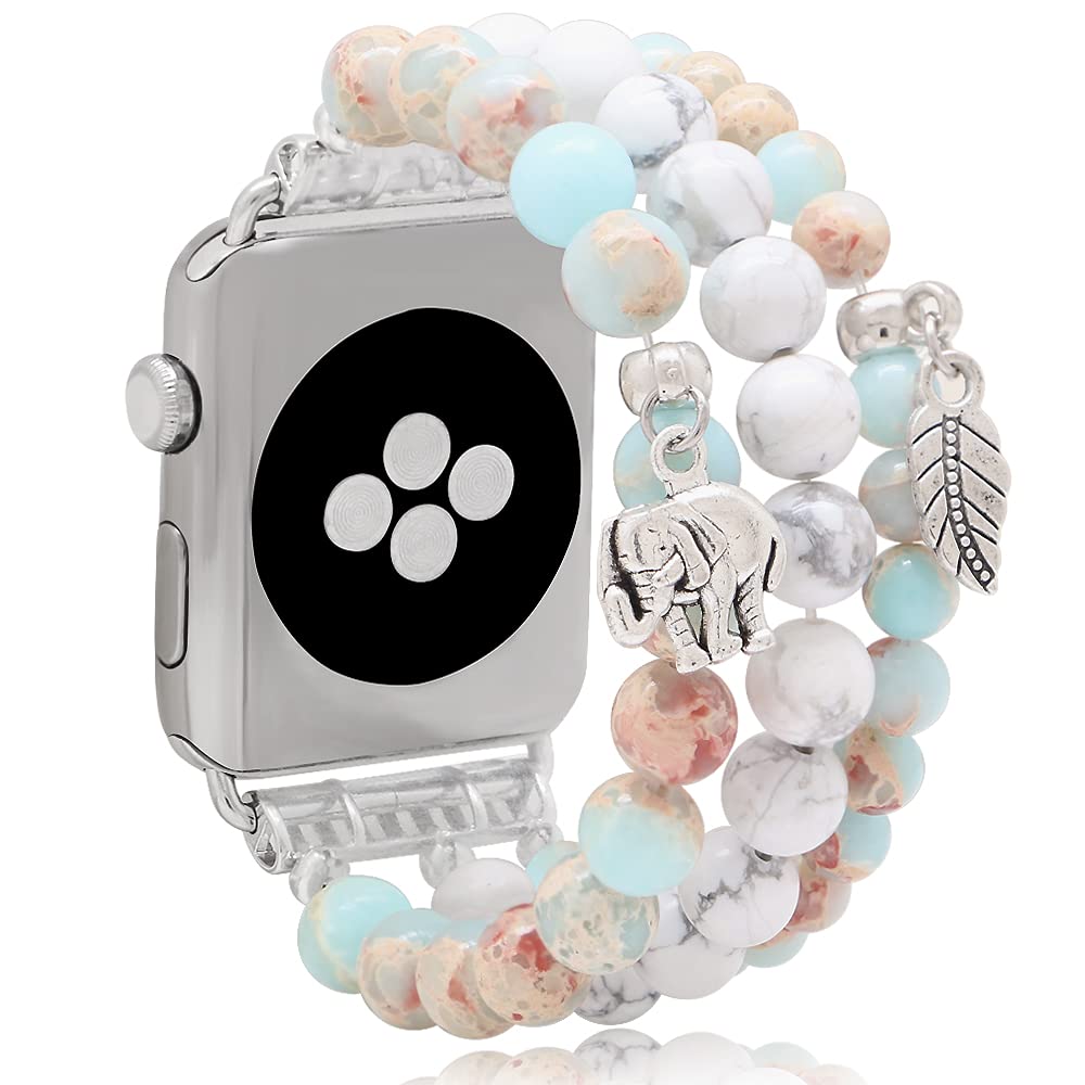 Kai Top Beaded Bracelet Compatible With Watch Band 38Mm/40Mm/41Mm For Women Girls, Turquoise & Pink Zebra Jasper Beaded Elastic