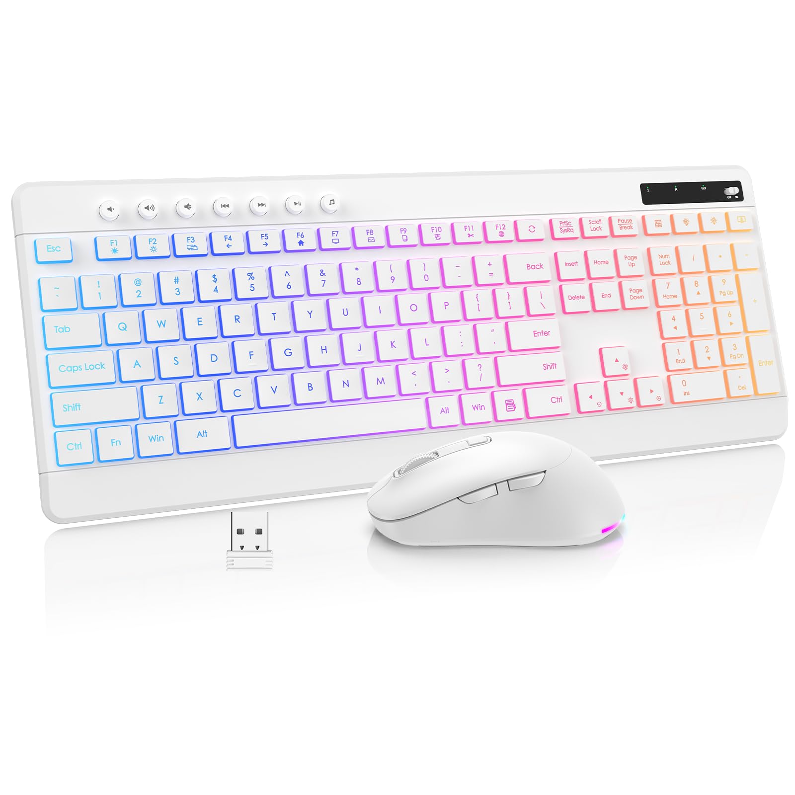 EDJO Wireless Keyboard and Mouse Combo, 10 Backlit Effects, Rechargeable 2.4GHz Silent FullSize Light Up USB Keyboard with 6 Bu