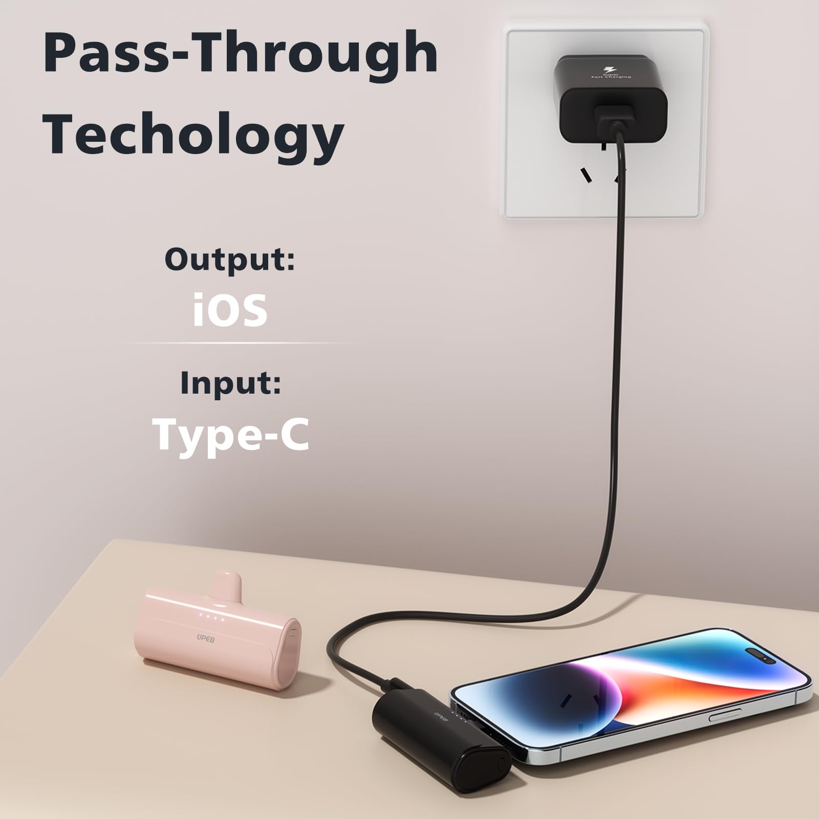 Upeb 2 Packs Portable Phone Charger Iphone 5000Mah With Built In Cable, Mfi Certified Mini Power Bank Cordless External Battery