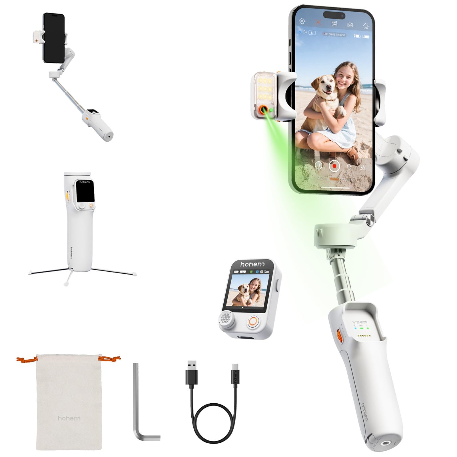 hohem iSteady V3 Ultra Gimbal Stabilizer for iPhone,Phone Gimbal with AI Tracking & Fill Light,Built-in Extendable Rod & Tripod,
