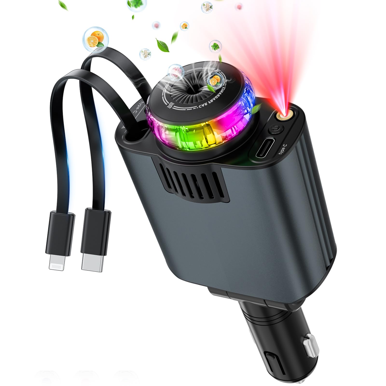 Starlight Retractable Car Charger With Aromatherapy, 5 In 1 Fast Charging 66W Car Phone Charger Adapter, Usb C Car Accessories C