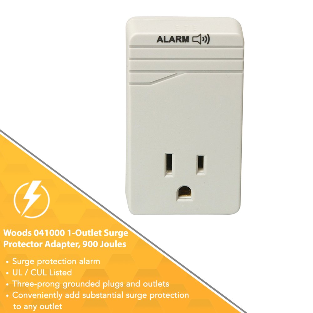 Woods Surge Protector Adapter For 900 Joules Of Protection With One 3 Prong Outlet And Surge Protection Alarm (Wall Mounted, Light Grey)