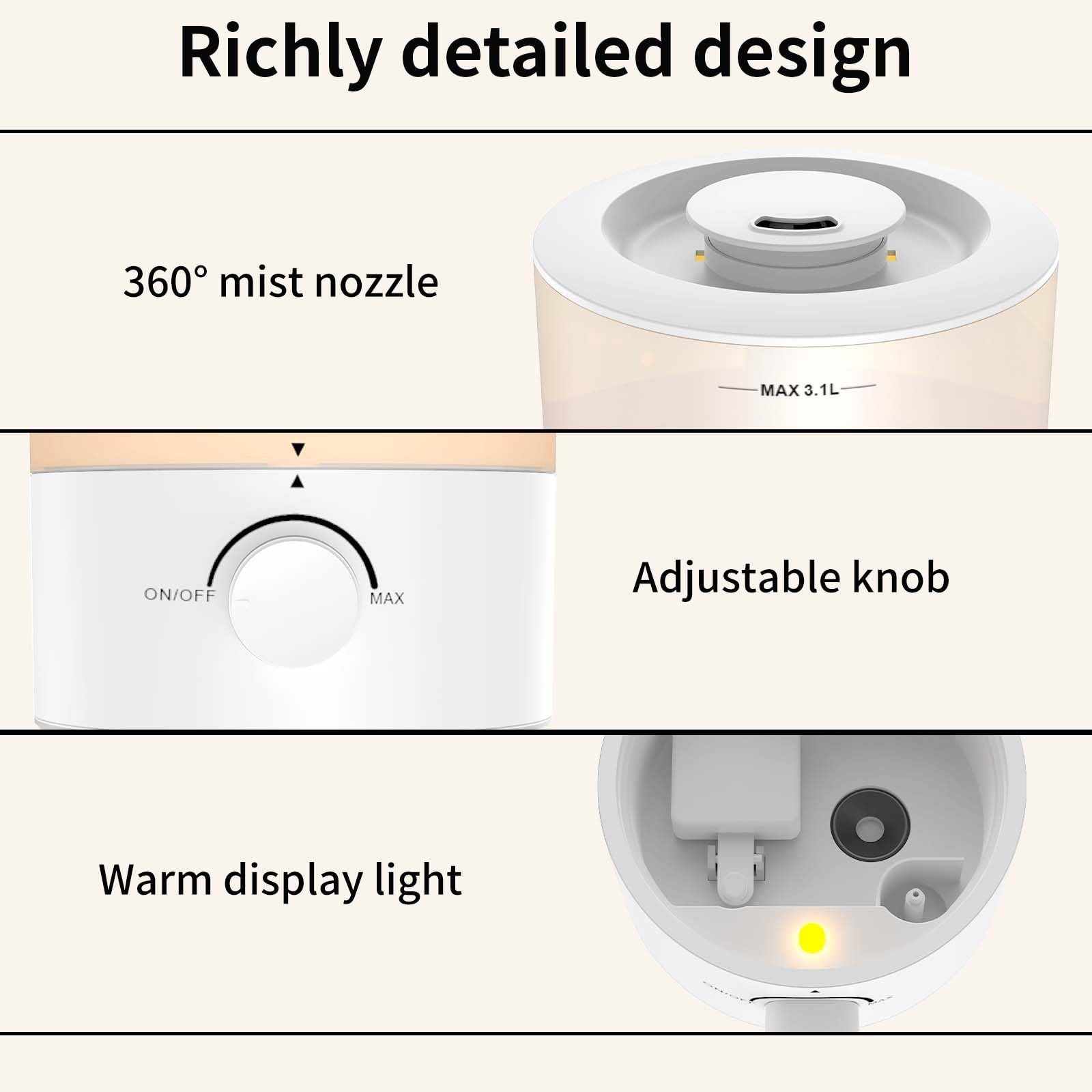 Humidifiers For Bedroom, Cool Mist Top Fill Essential Oil Diffuser With 25Watt For Home Large Room, 360 Nozzle, Rapid Ultrasonic