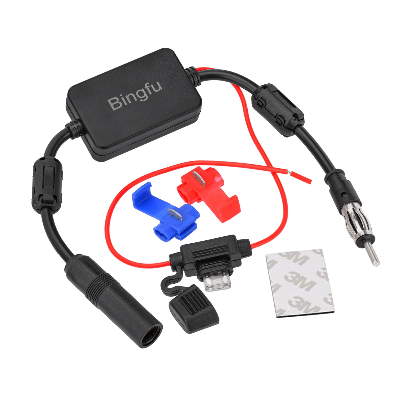 Bingfu Universal Car Stereo FM Radio Antenna Signal Booster Amplifier Amp,12V Power Supply DIN Plug Connector Adapter for Vehicl