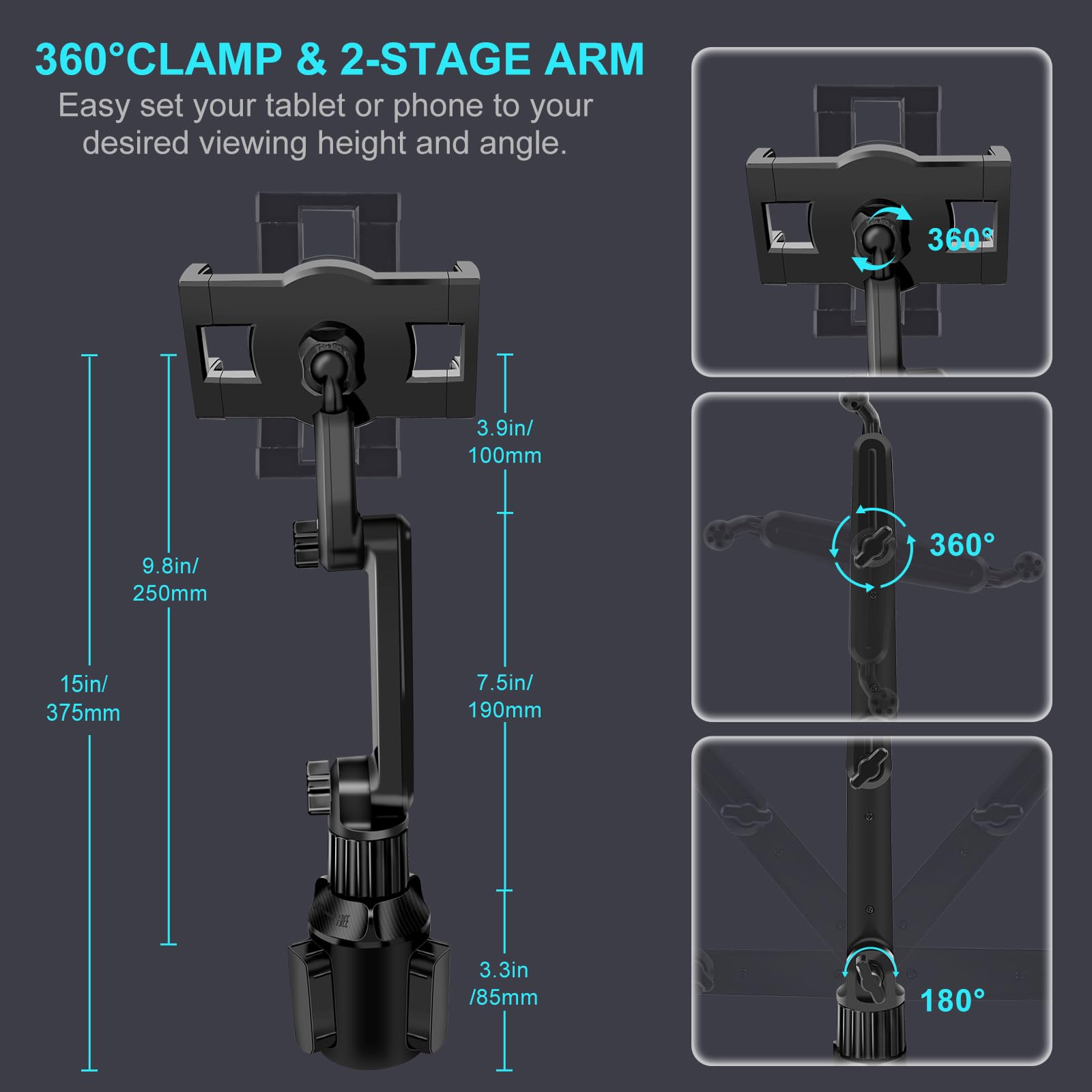 Cup Holder Car Tablet Mount For Truck, 360 Adjustable 15'' Long 2 Arm Stand Holder For Ipad Pro 12.9/11/10.5/9.7/Air/Mini 6/5/4,