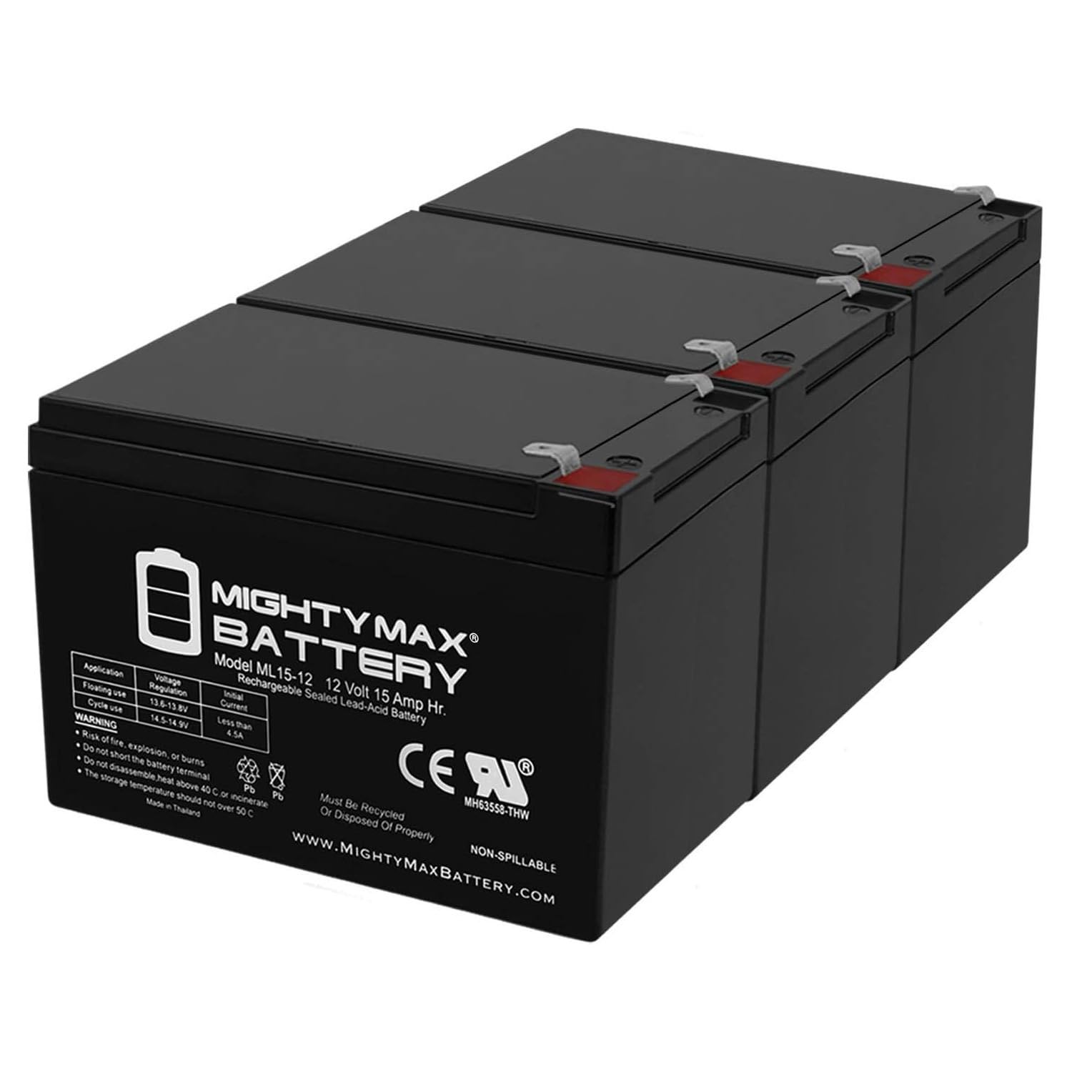 Mighty Max Battery ML15-12 - 12V 15AH SLA Battery - Pack of 3