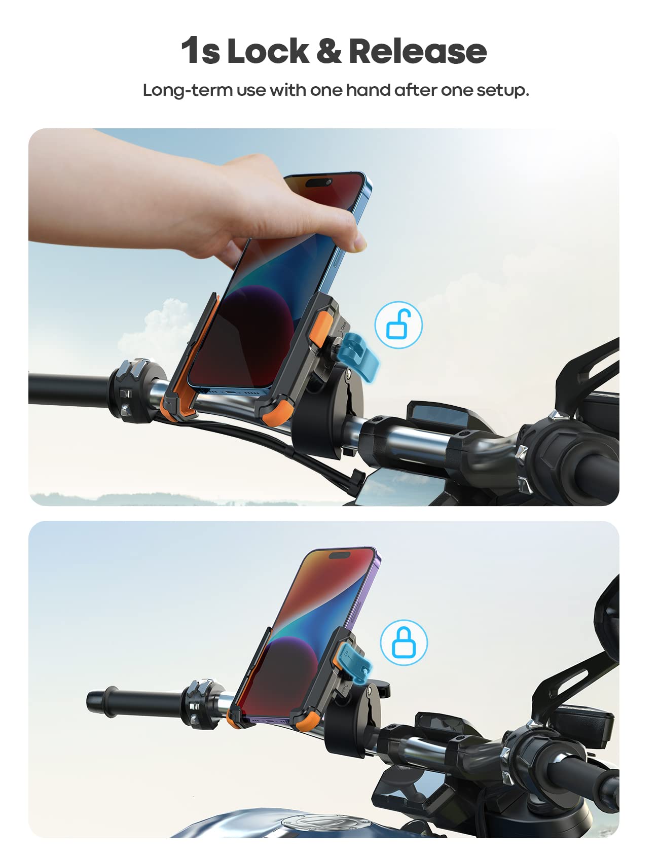 Lamicall Motorcycle Phone Mount Holder   [Camera Friendly] [1S Lock] Bike Phone Holder Handlebar Clamp, Bicycle Scooter Phone Cl