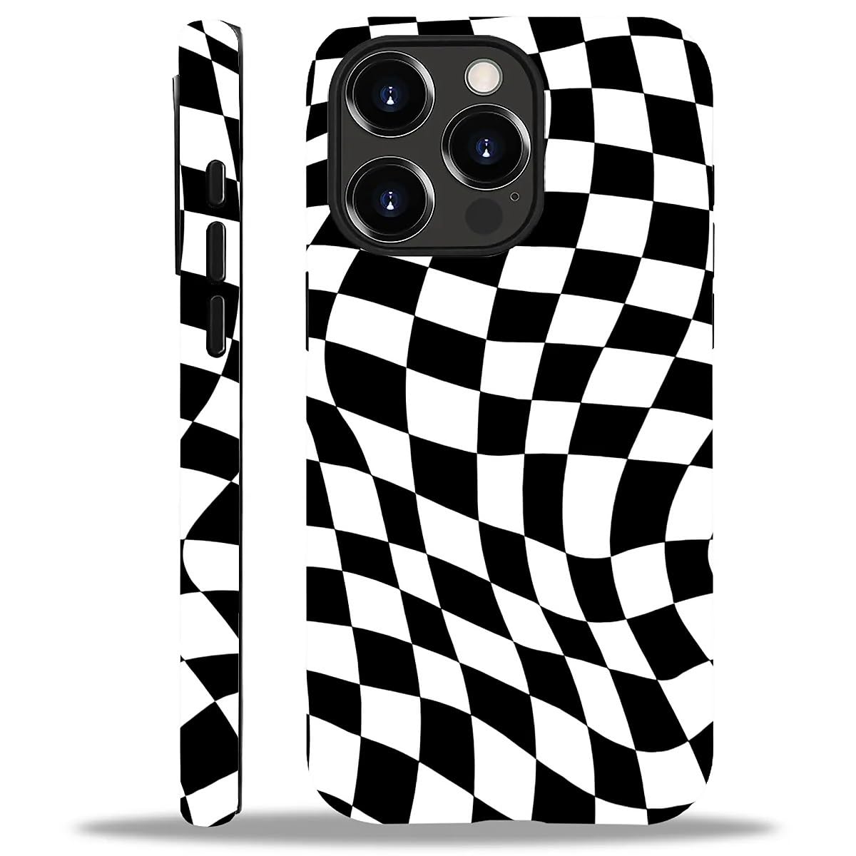 WANKBLC Compatible with iPhone 15 Pro Max Matte Case, Twisted Black White Checkered Pattern for Girl Full Body Design Soft Silic