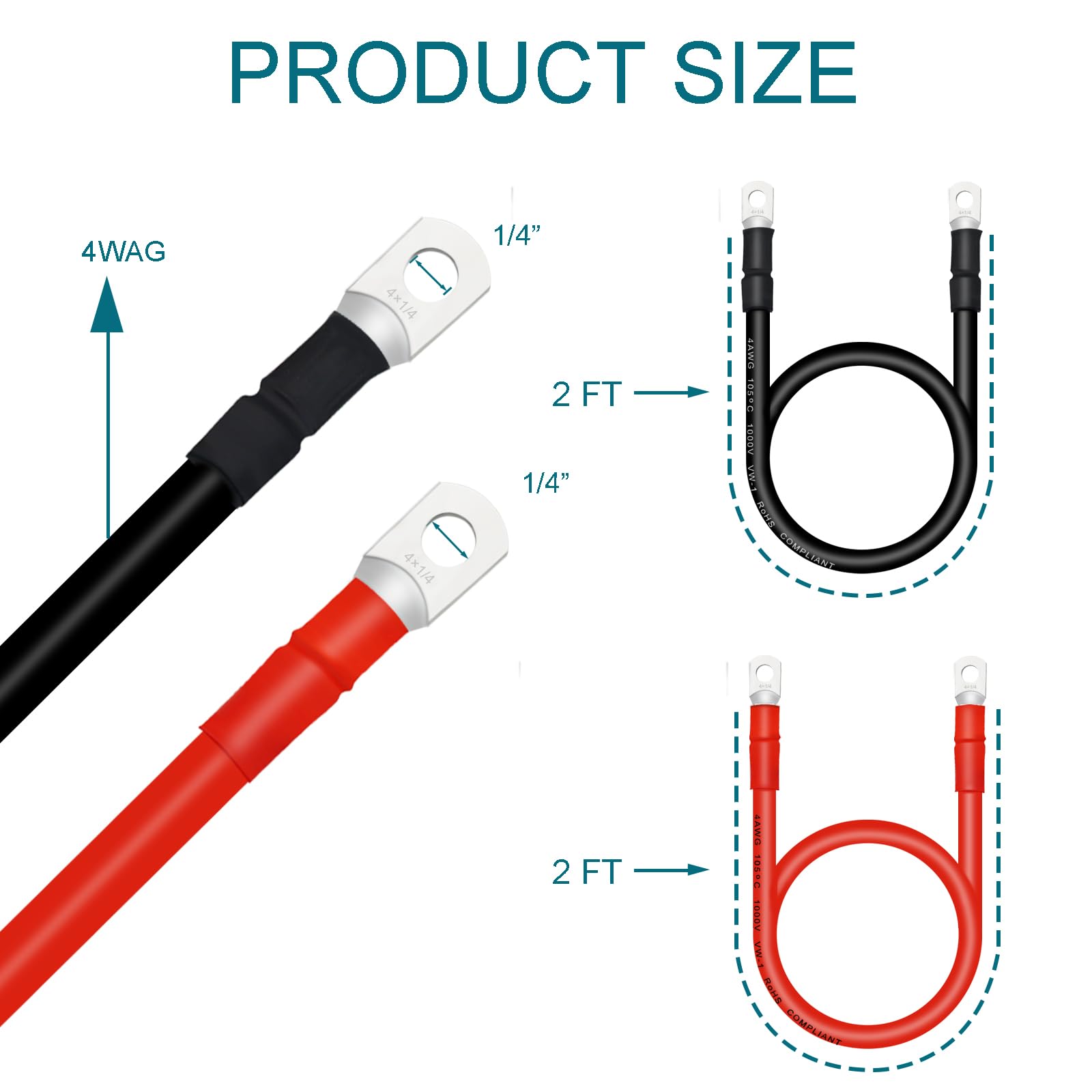 Qiatol Battery Cable, 4 Awg Battery Cables With Terminals, 2Pcs Copper Battery Cables.