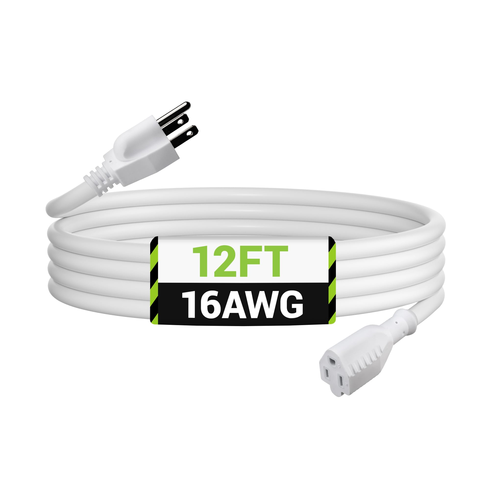 Bn Link 12Ft Outdoor Extension Cord, 3 Prong, 16 Gauge General Purpose Power Cord, Grounded Plug, White, For Landscaping & Holid