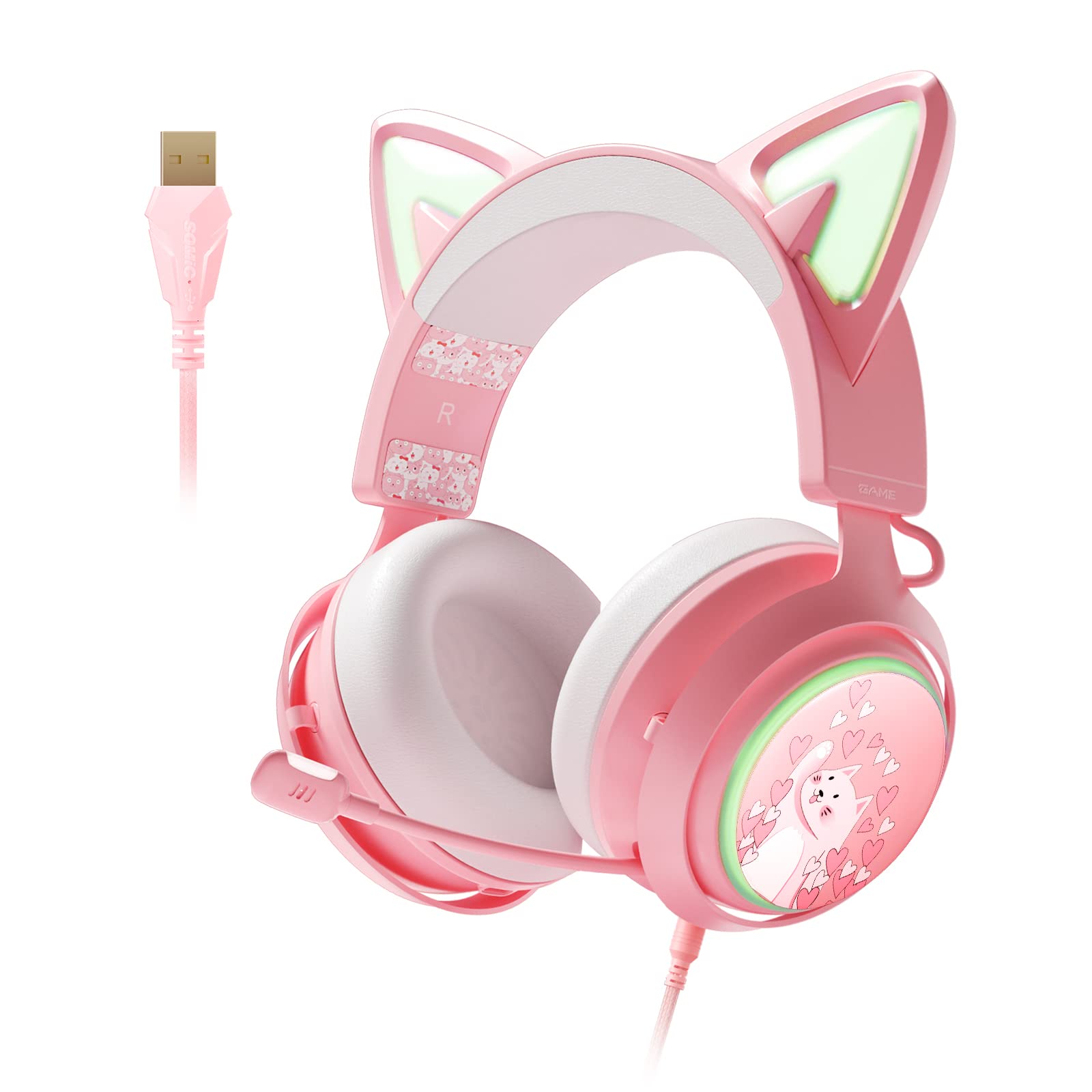 EASARS Pink Gaming Headset GS510, Wired, Over Ear, Cat Ear Design with RGB Lighting, 7.1 Surround Sound, Retractable Mic, Compat