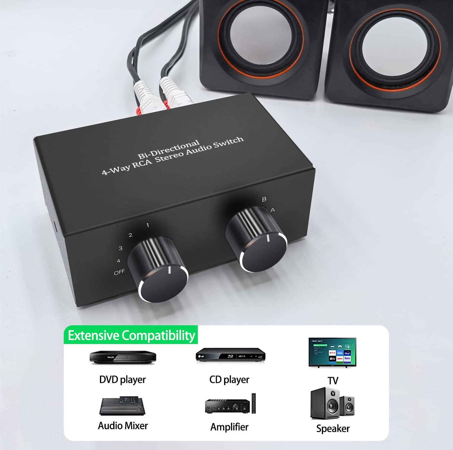 4 Way Stereo Audio Selector, Bi Directional L/R Stereo Audio Switcher Splitter Box Suitable For Connecting Blu Ray Players Or Dvd Players To Multiple Stereo Speakers