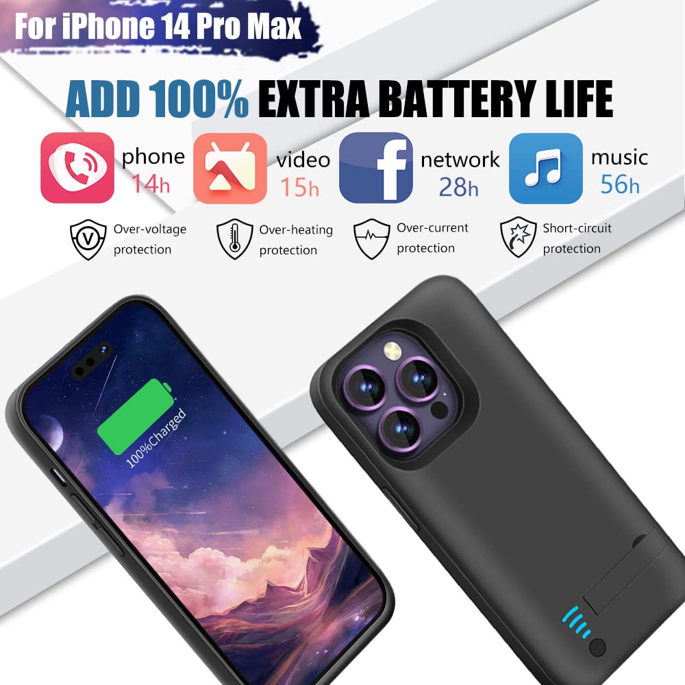 Bahond Battery Case For Iphone 14 Pro Max, 6000Mah Rechargeable Extended Battery Charging/Charger Case, Add 100% Extra Juice, Su