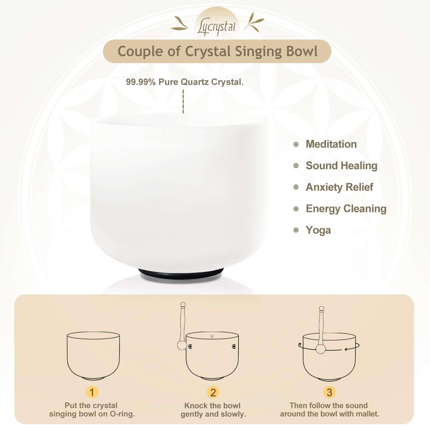 Lycrystal Couple Of 2 Pcs Crystal Singing Bowl Set, 8'' F Note Heart Chakra And 10'' C Note Root Chakra, Sound Bowl Meditation S