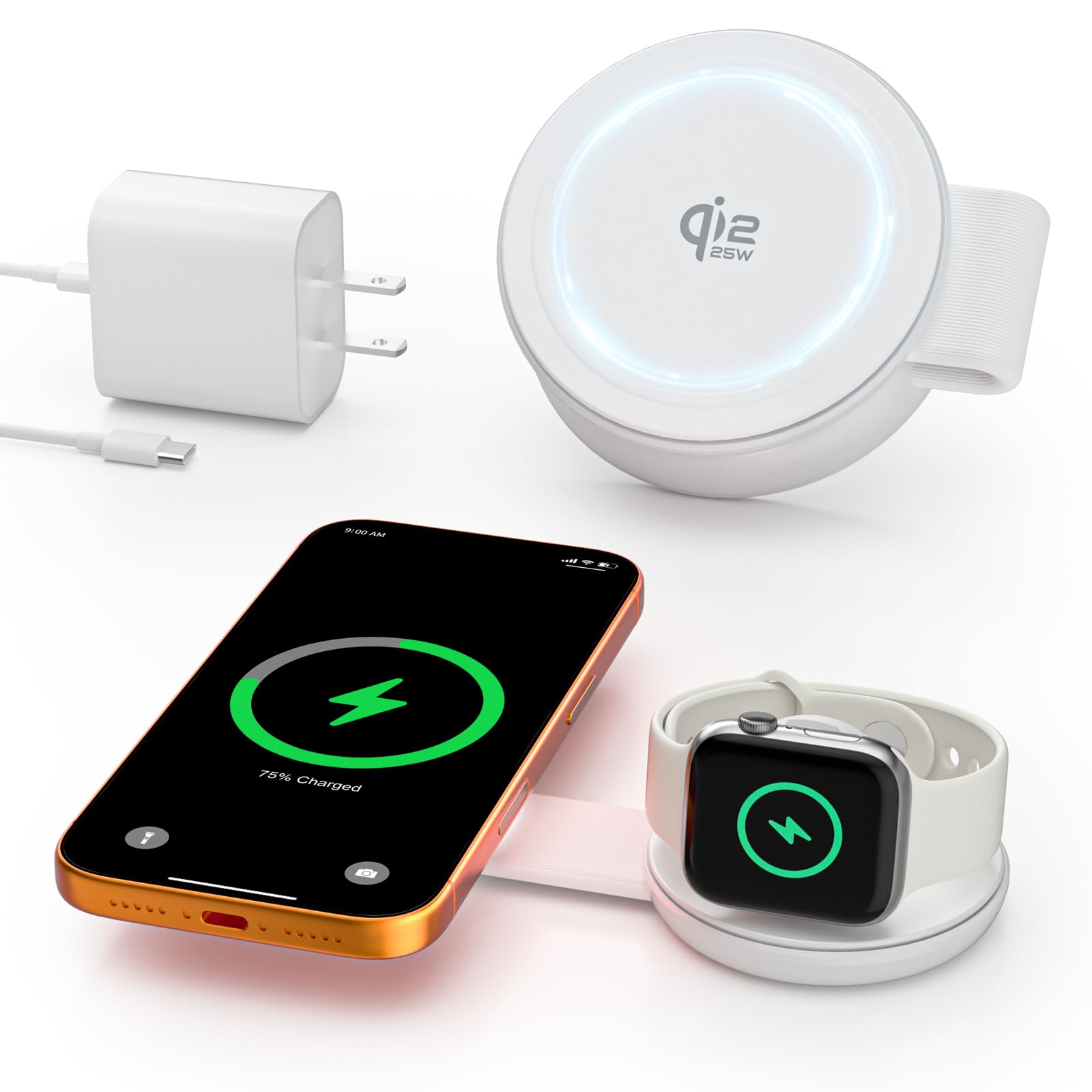 2 in 1 Magnetic Wireless Charger, Qi2 25W Fast Charging Travel Station Pad Compatible with MagSafe for iPhone Air/17/16/15/14/13