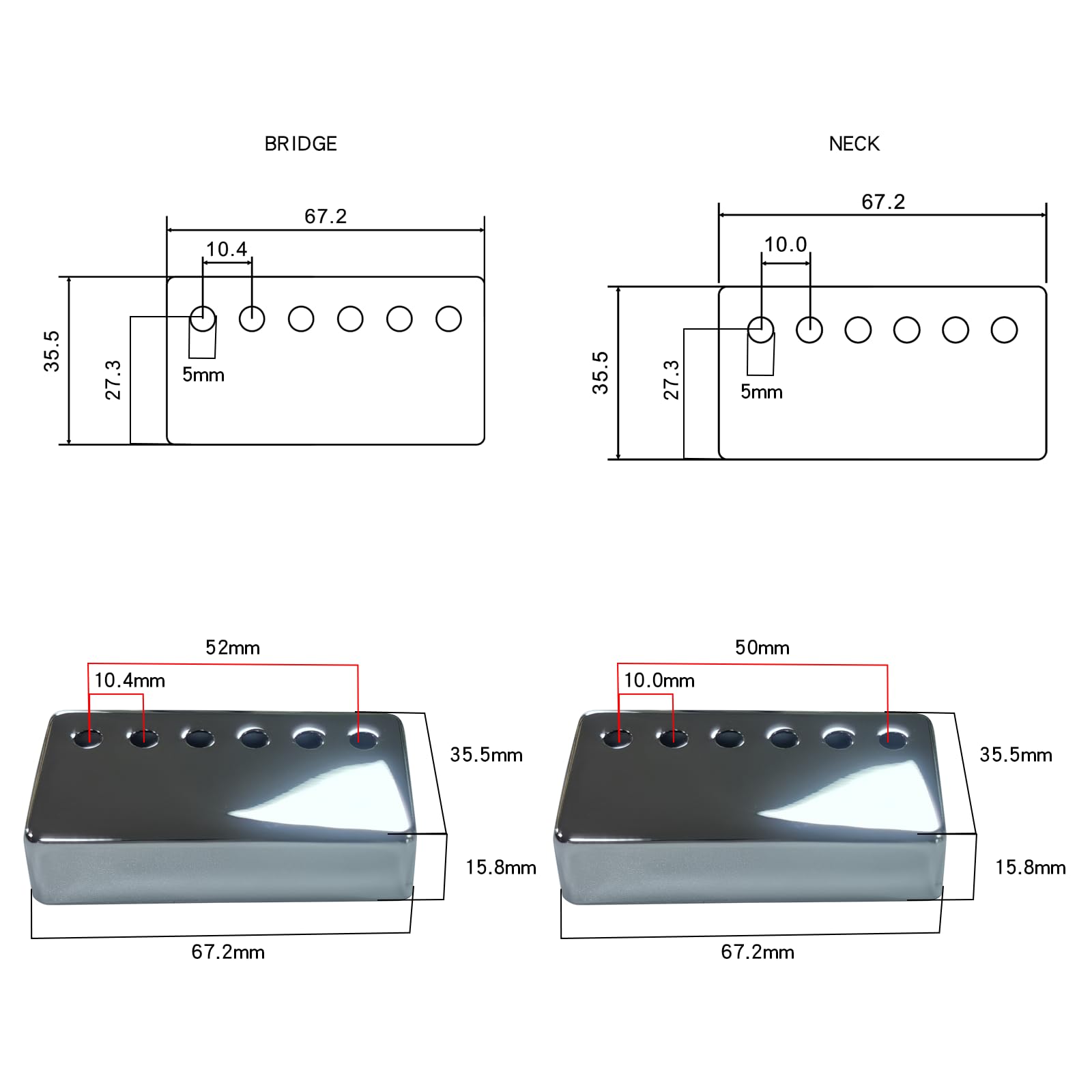 Ovsal 2 Pcs Brass Humbucker Guitar Pickup Covers Neck Bridge Pickup Covers 50Mm/52Mm Pole Spcing Guitar Pickup Covers Electric G