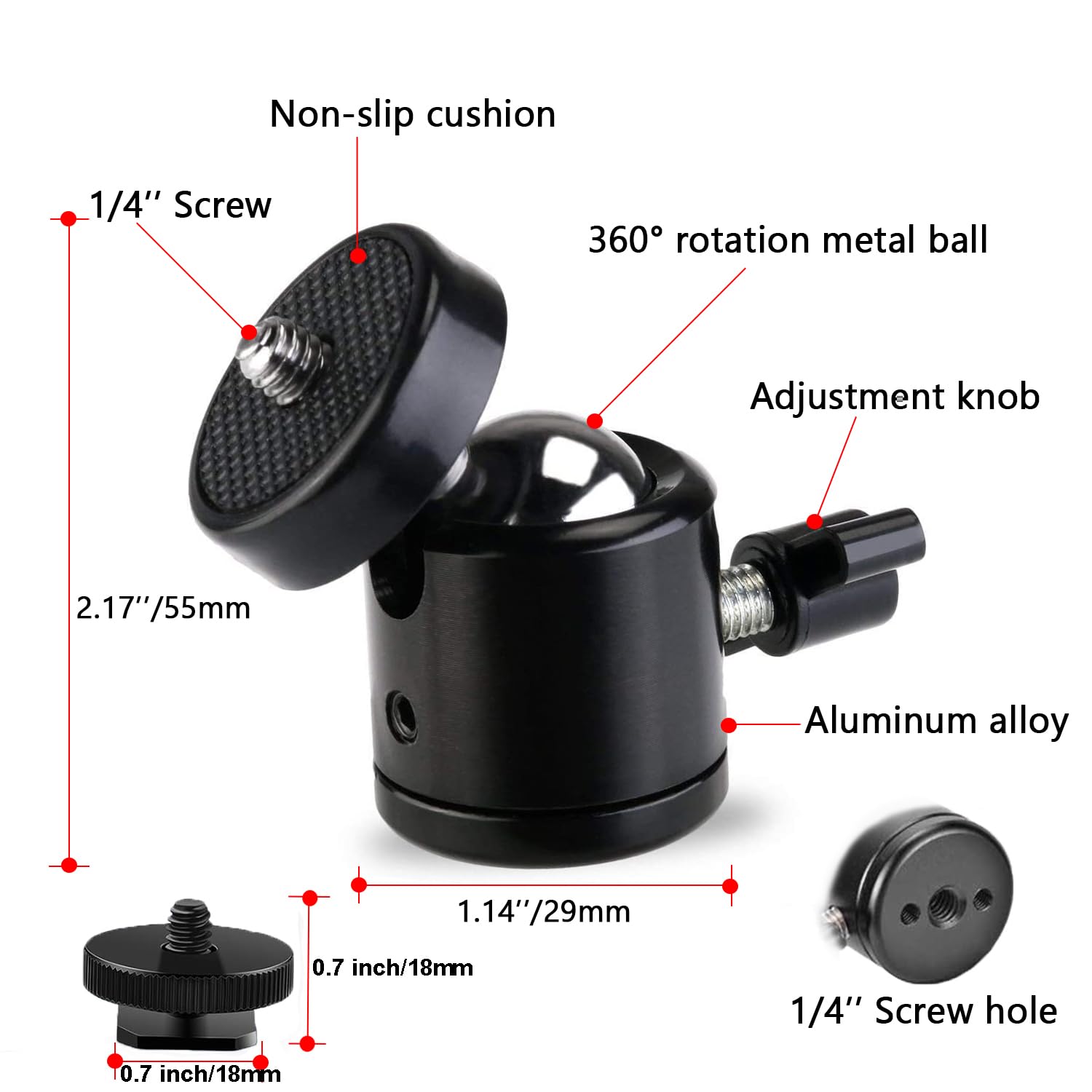 Universal 1/4'' Swivel Mini Ball Head Screw Tripod Mount With Hot Shoe(2 Pack), Eszkozta 360 Degree Rotating Mount Base Adapter