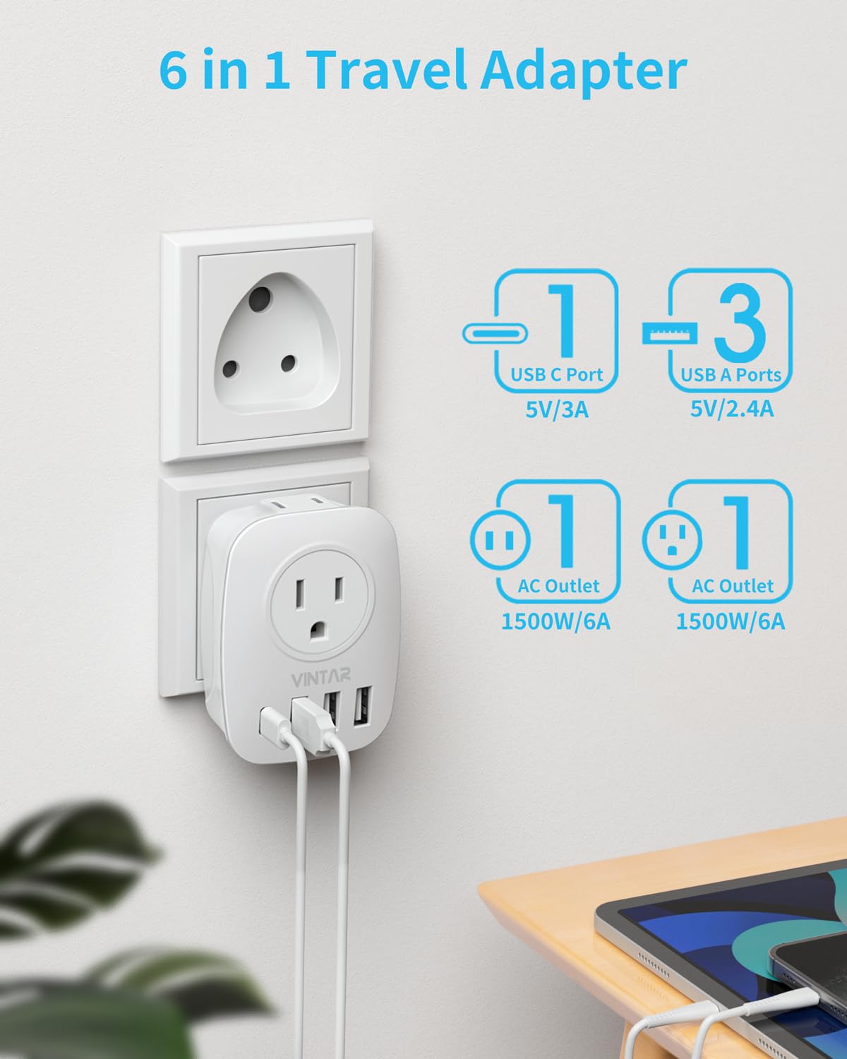 Us To India Plug Adapter,Vintar Type D Travel Adapter With 1 Usb C,3 Usb Ports And 2 American Outlets,6 In 1 India Power Adapter