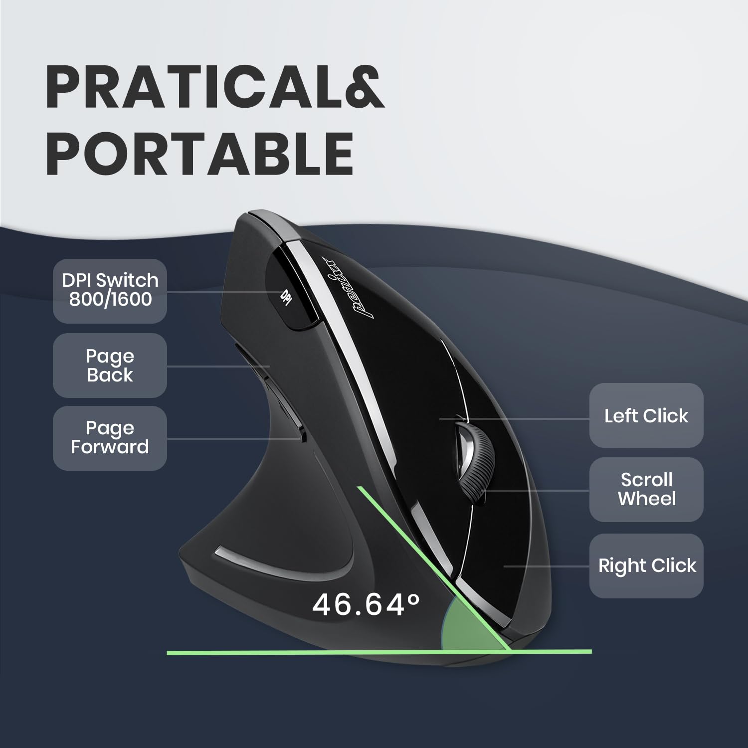 Perixx Perimice 713L, Wireless Ergonomic Left Handed Vertical Mouse, 6 Buttons Design, 3 Level Dpi, Black, Medium