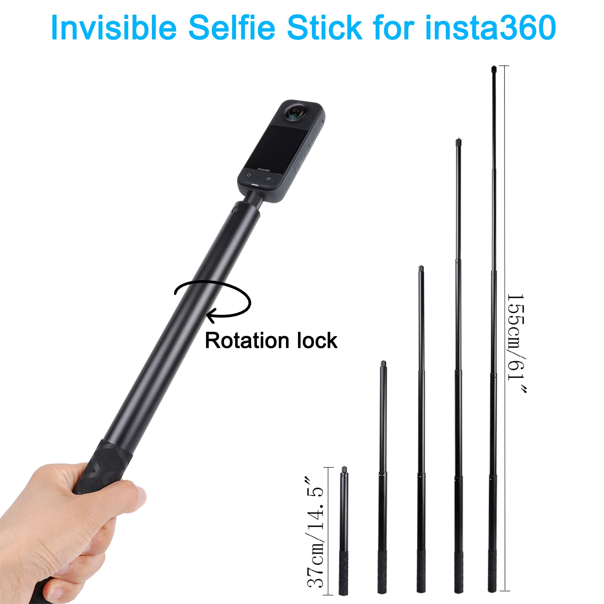 Pellking Motorcycle Bike Handlebar Clamp Mount And 61'' Invisible Selfie Stick For Insta360 X4 X3 X2 X One Rs R Go 3 Camera