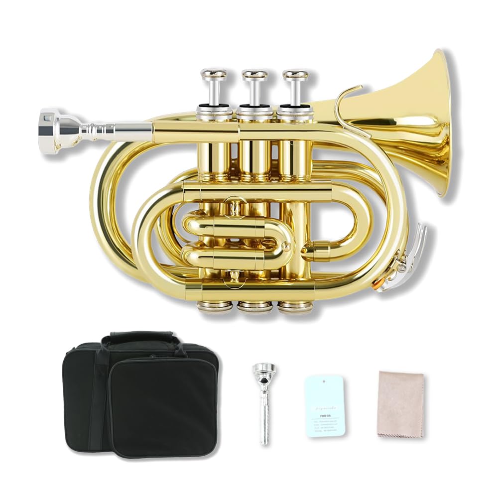 Wuqimusc Brass Pocket Trumpet Bb Key Nickel Plated With Mouthpiece 7C, Cleaning Kit, Carrying Case, Gloves For Beginners/Student