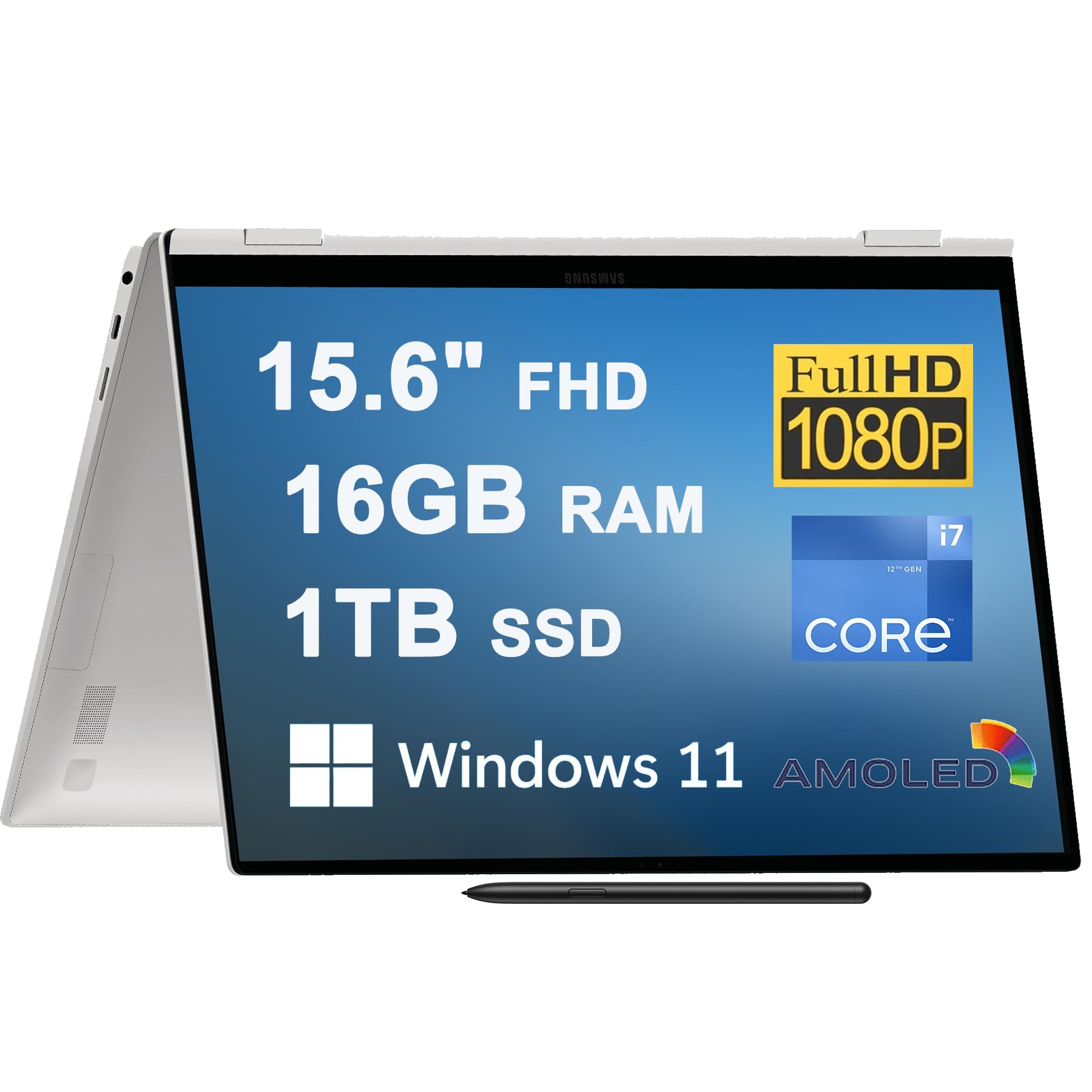 SAMSUNG Galaxy Book2 Pro 360 15 2-in-1 Laptop 15.6 FHD AMOLED Touchscreen Intel 12-Core i7-1260P 16GB RAM 1TB SSD Backlit Finger