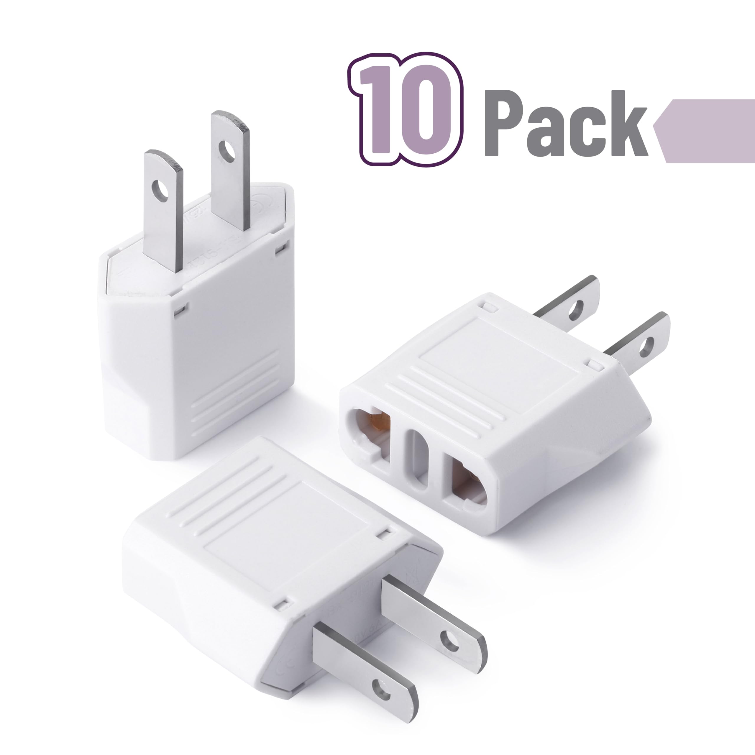 Bates European to US Plug Adapter, 10 Pack, White, Model STCG010B324VQ, EU to USA Conversion