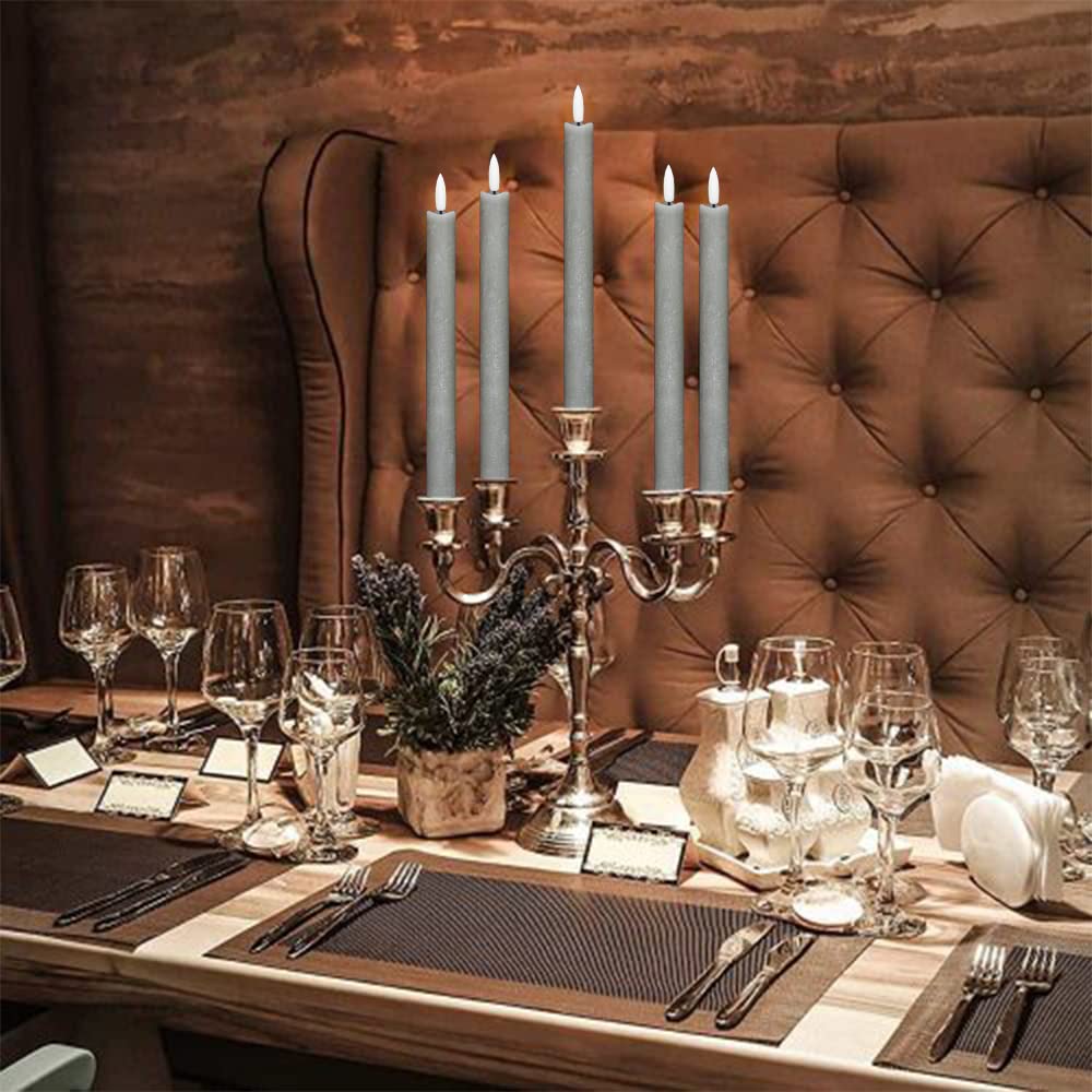 Genswin Flameless Grey Taper Candles Flickering With 10 Key Remote, Battery Operated Led Warm 3D Wick Light Window Candles Real